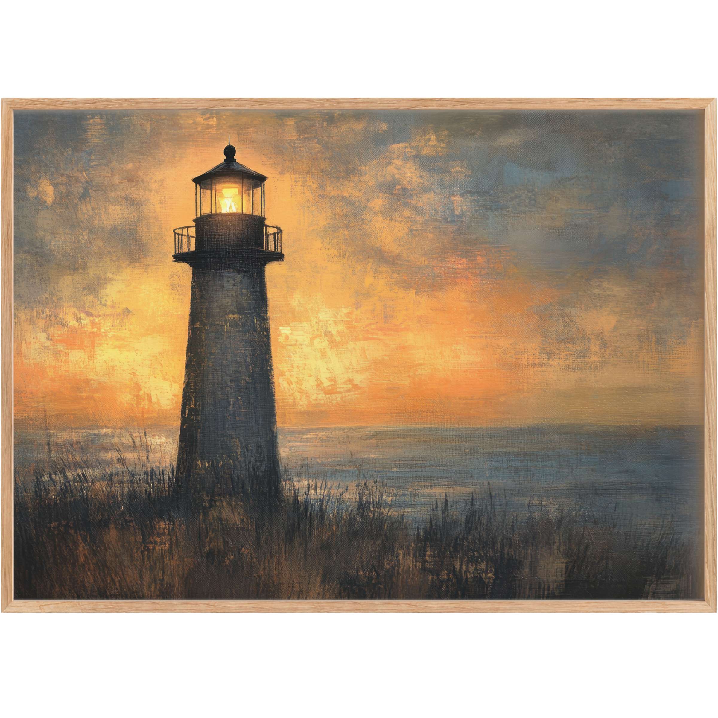 Coastal printable wall art of a serene lighthouse at sunset, blending warm amber and deep navy hues for a calming, timeless ambiance