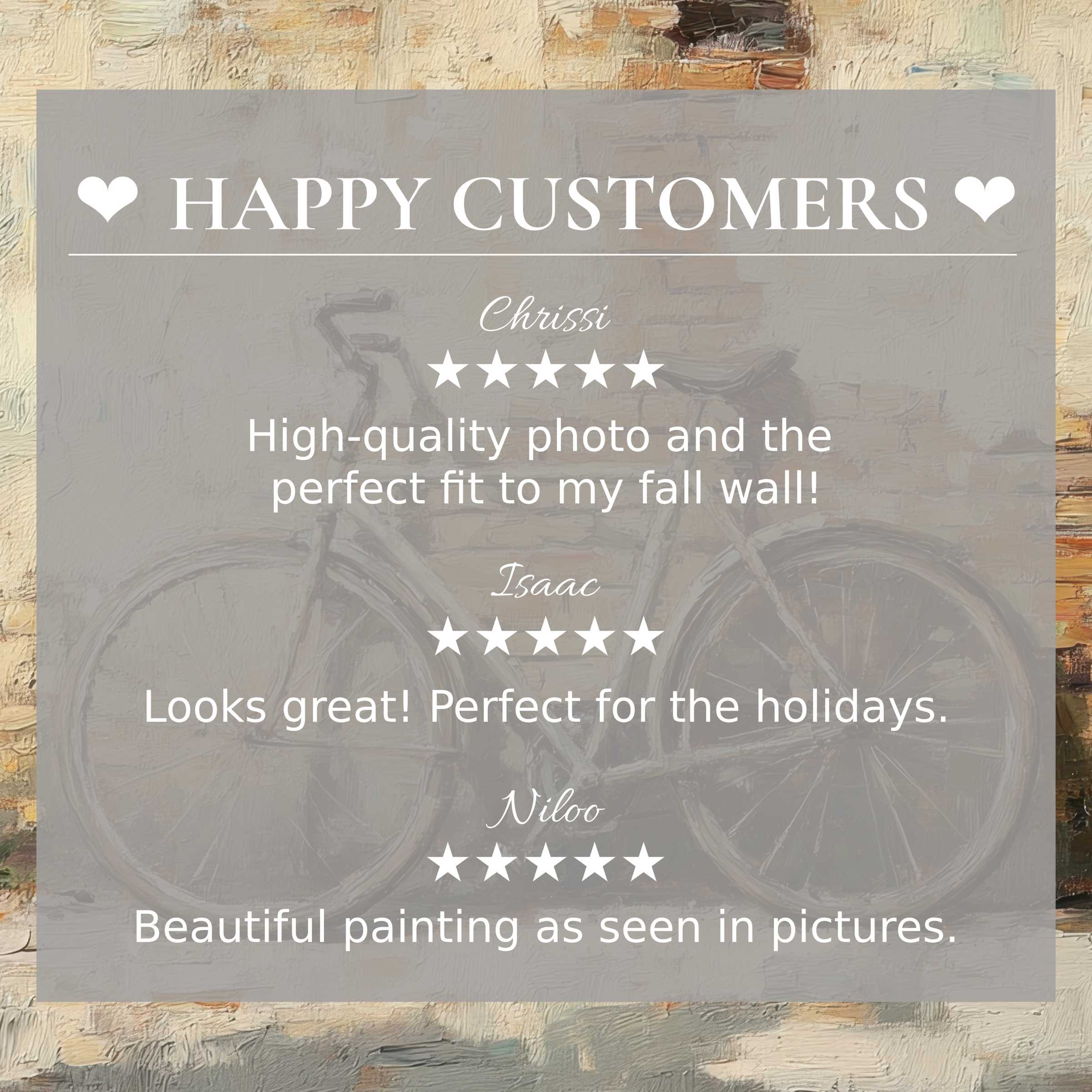 Urban art for Frame TV with textured bike painting background and happy customer reviews enhancing trust and elegance