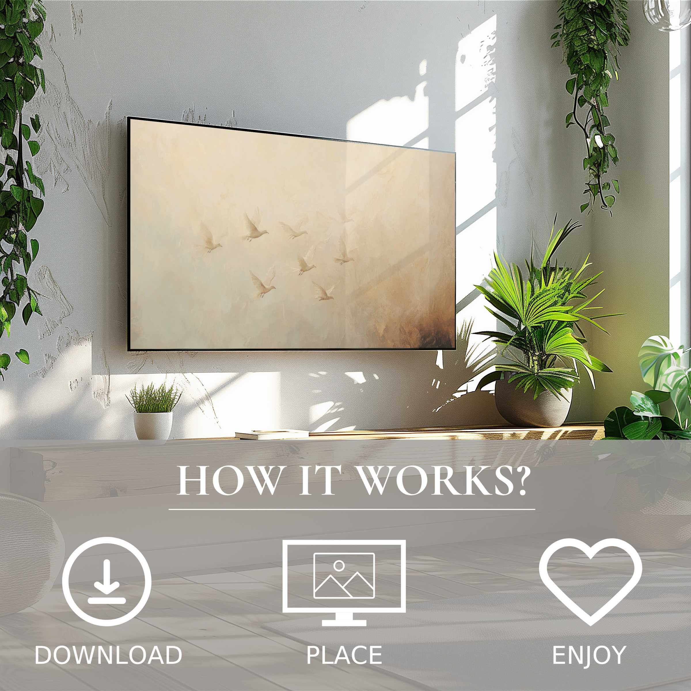 Vintage art for Samsung TV shows soft sunset tones with flying birds, easy digital download enriches modern living spaces