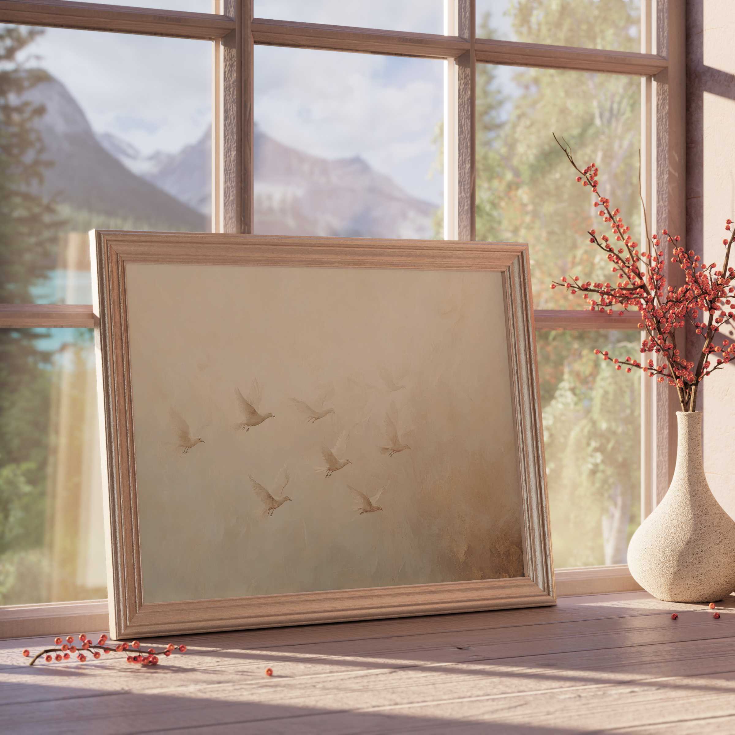 Vintage downloadable art depicting ethereal birds in flight, elevating curated interiors with warm tranquility and timeless charm