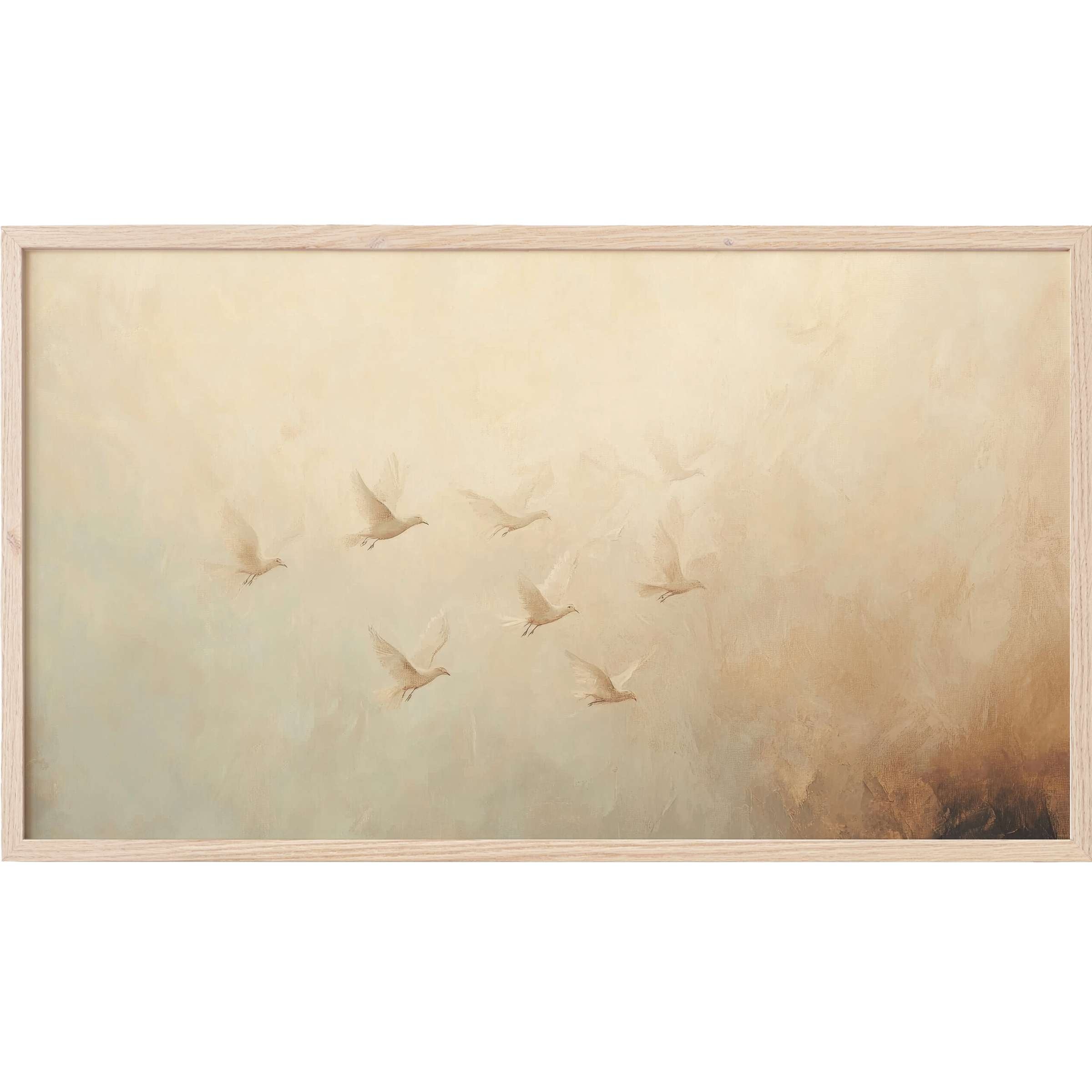 Ethereal birds in muted beige and soft brown hues evoke calm elegance in this vintage Frame TV Art piece