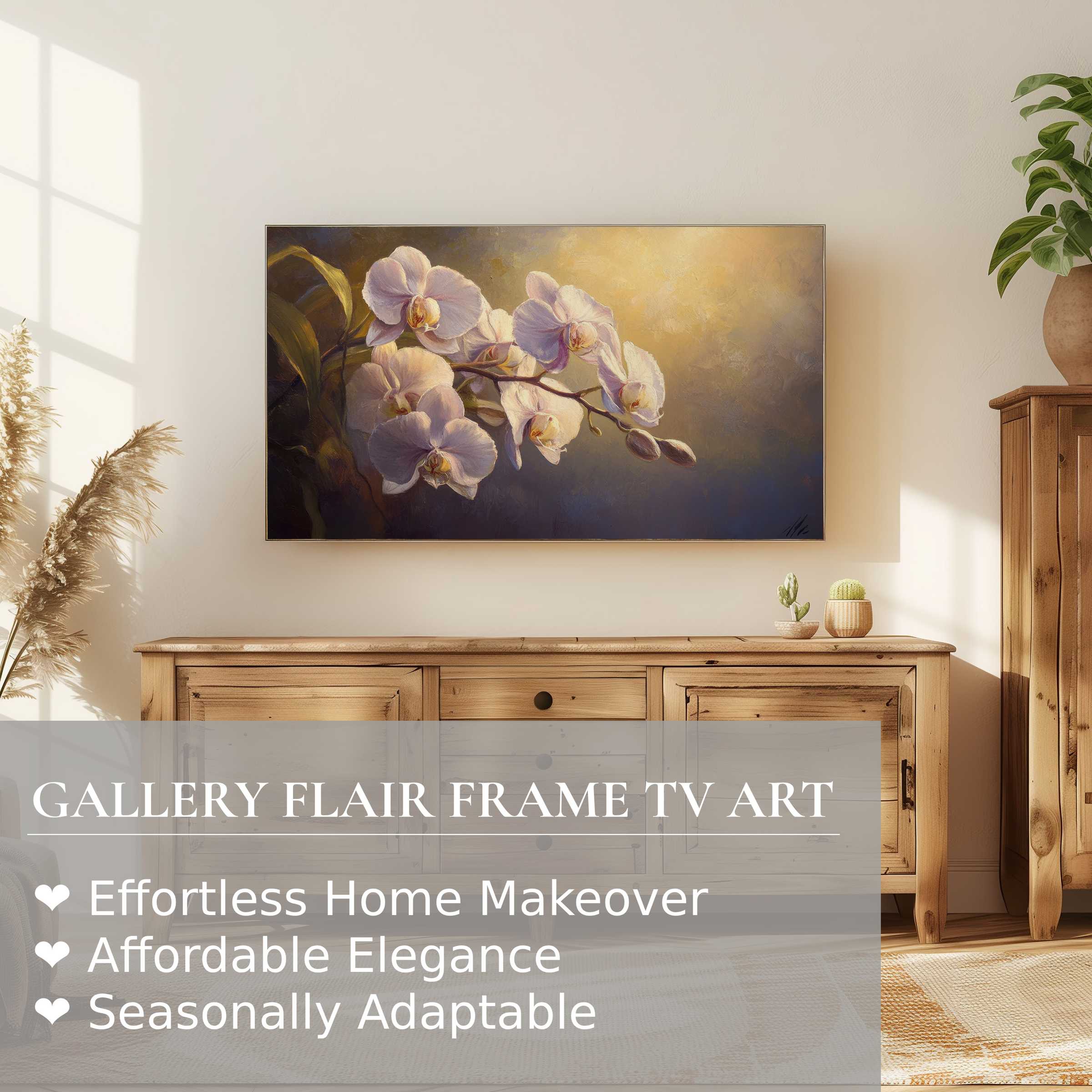 Samsung Frame TV displaying refined floral digital artwork in a warm, modern living room setting with natural wood accents