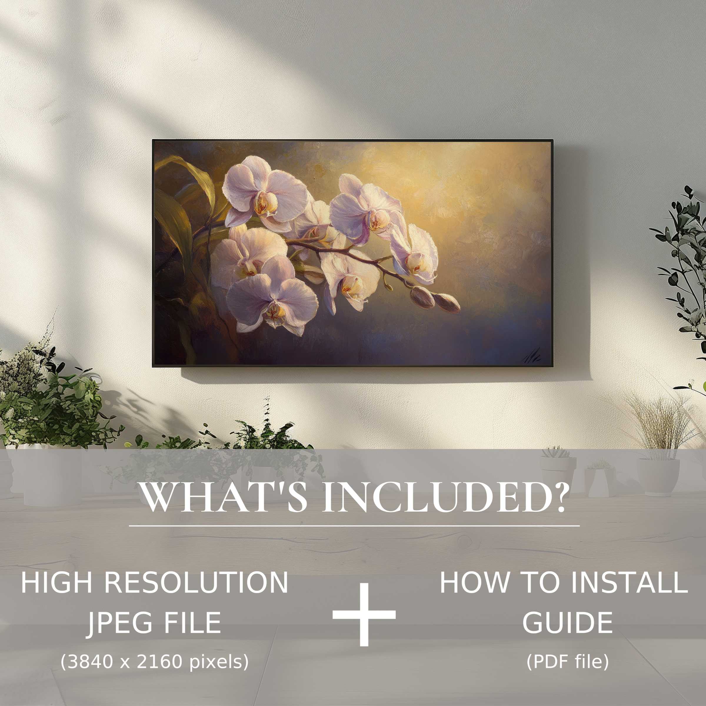 Elegant floral digital TV art download showcasing orchids, enhancing modern living with easy digital use and refined decor appeal