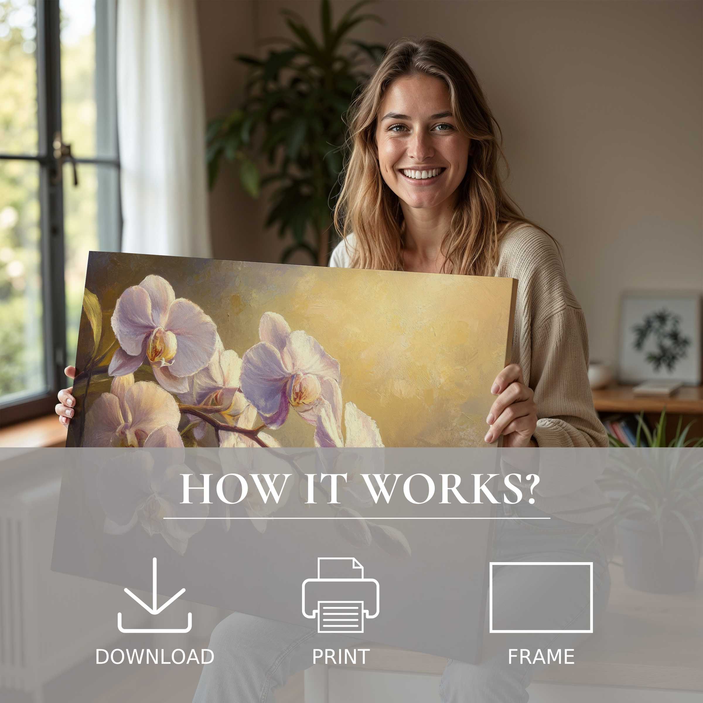 Bright floral digital art print embraced in a modern home, evoking serene joy and timeless connection with art