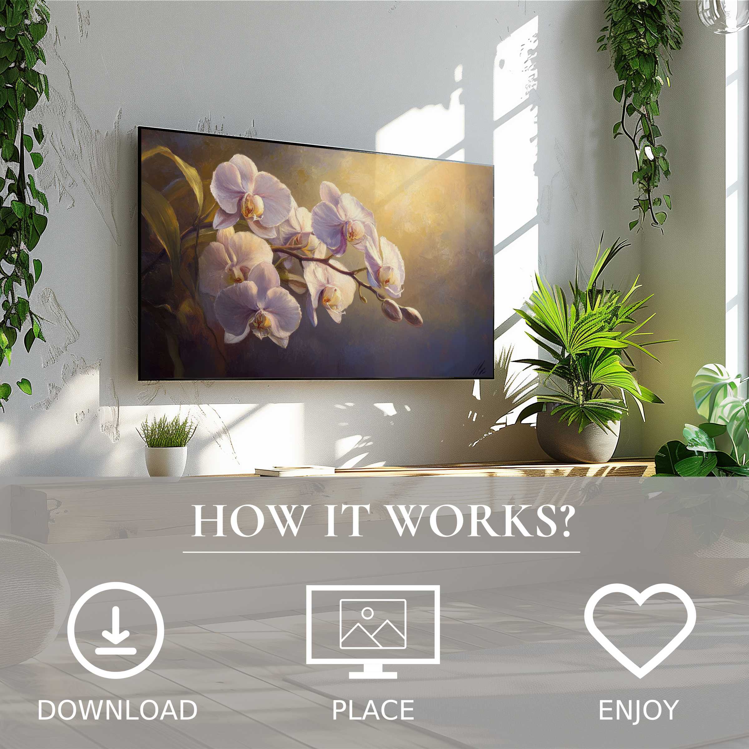 Bright living room with digital floral art for Samsung TV showing soft sunset orchid tones, easy download enriches space