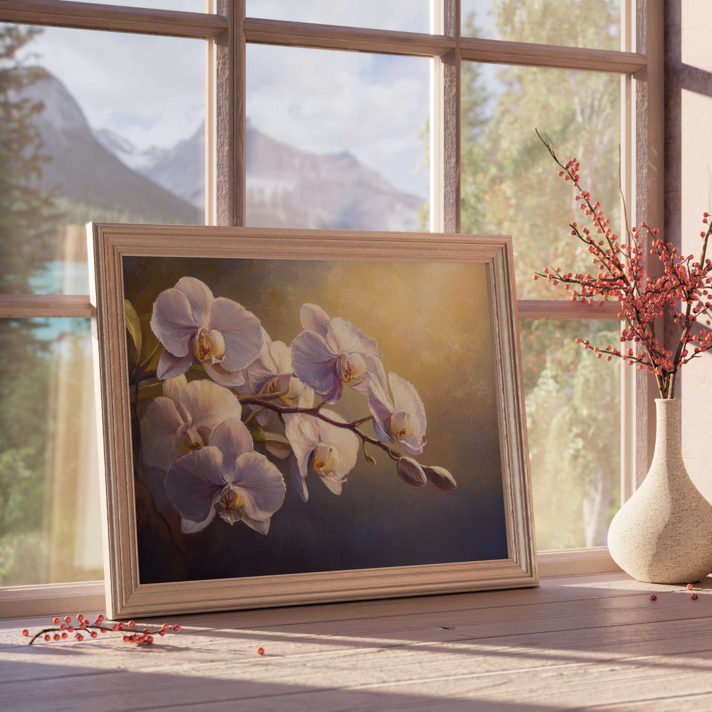 Elegant floral downloadable art of white orchids glowing softly against a warm backdrop, perfect for serene, design-forward interiors