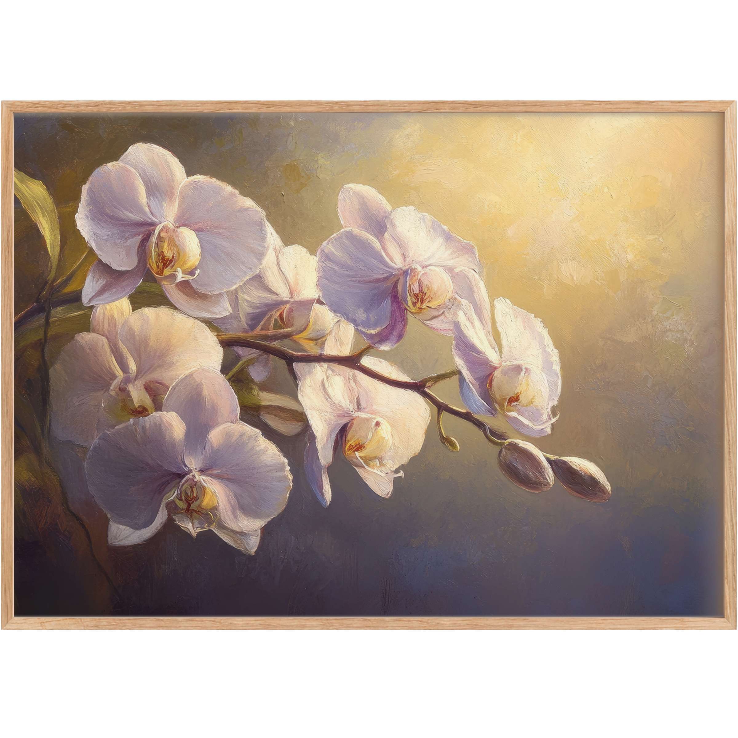Elegant floral printable wall art featuring soft orchids in warm golden and deep blue hues, evoking serene, radiant tranquility