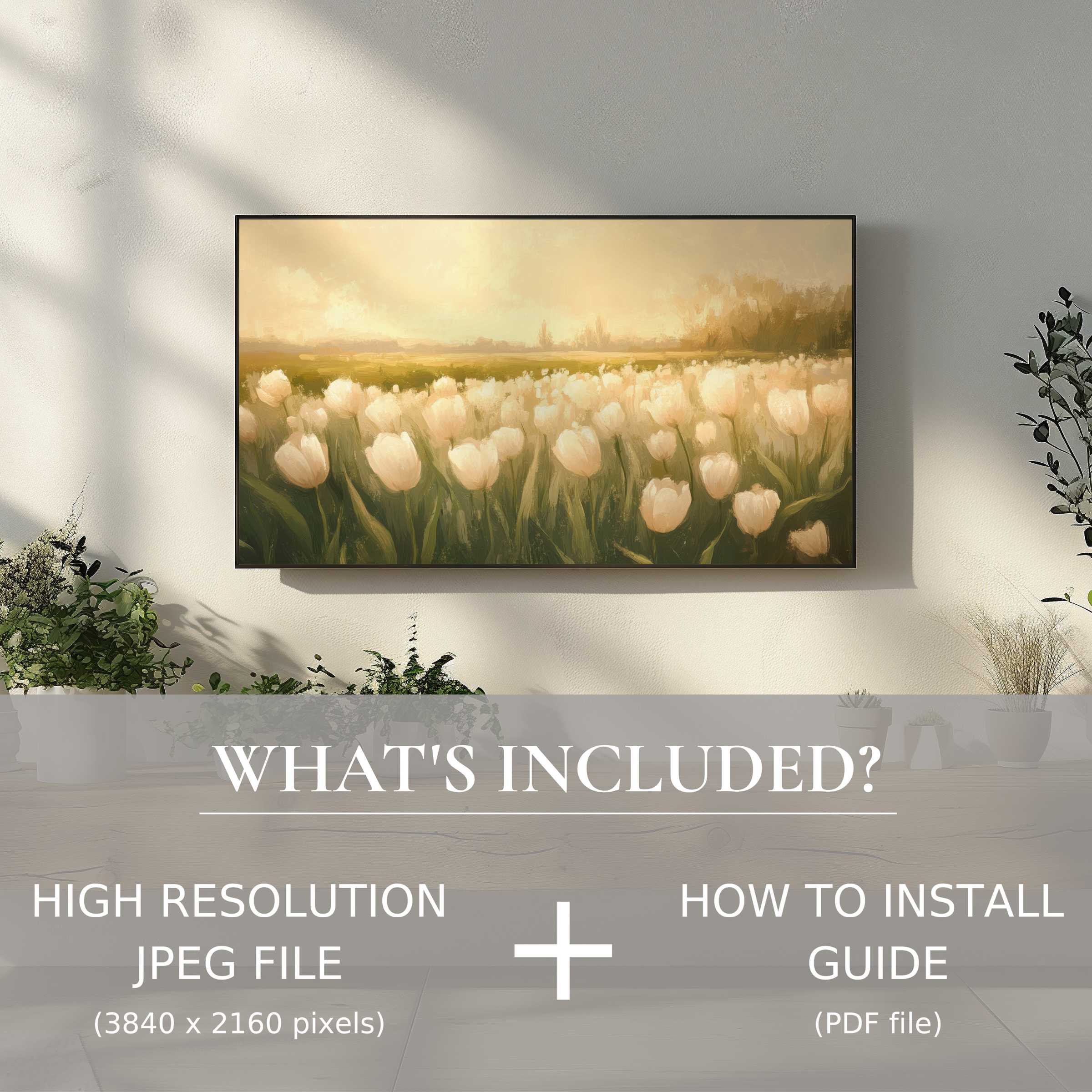Elegant spring digital TV art download of soft tulip fields, enhancing living spaces with easy digital use