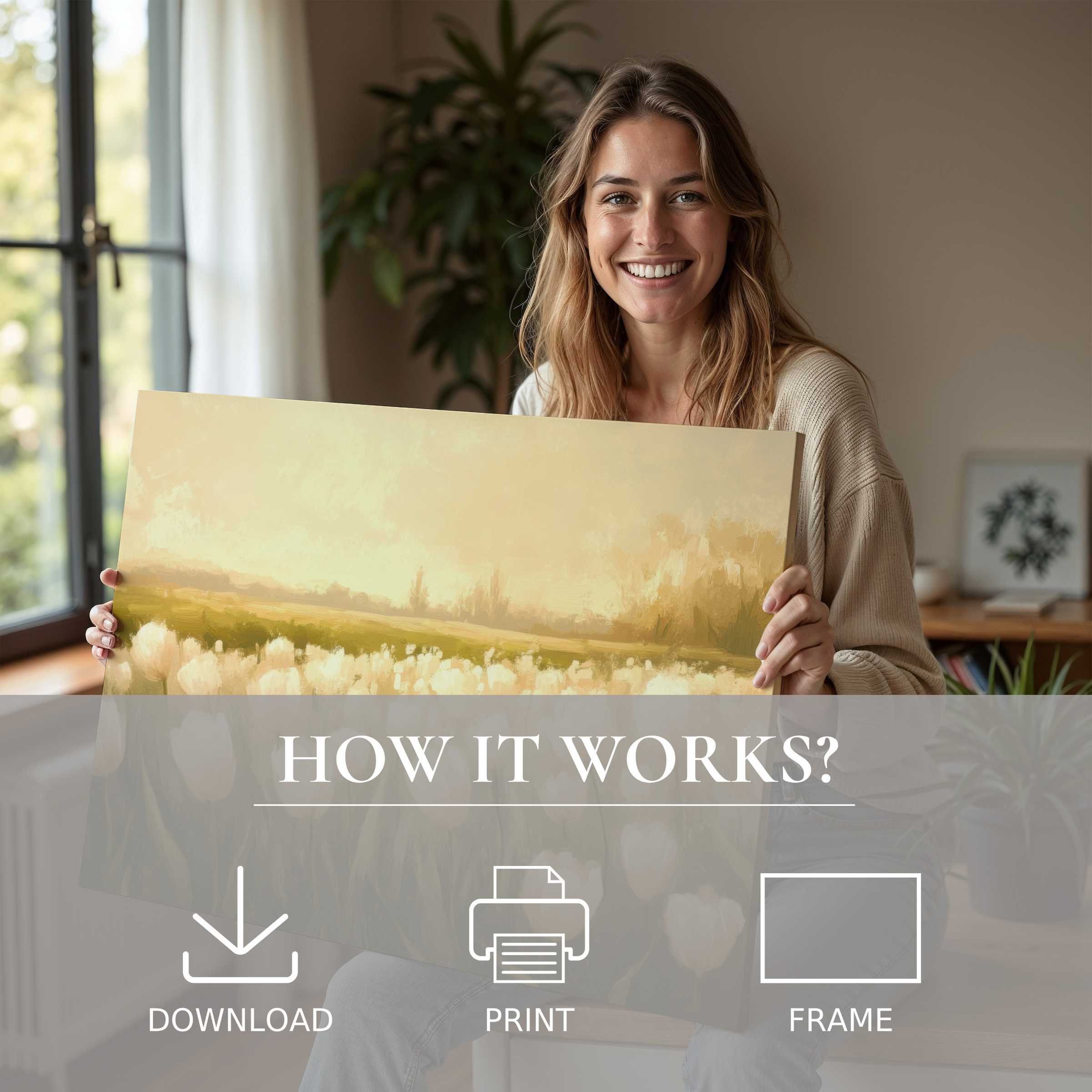 Radiant joy in a modern home as a spring digital art print brings serene warmth and effortless elegance to living spaces