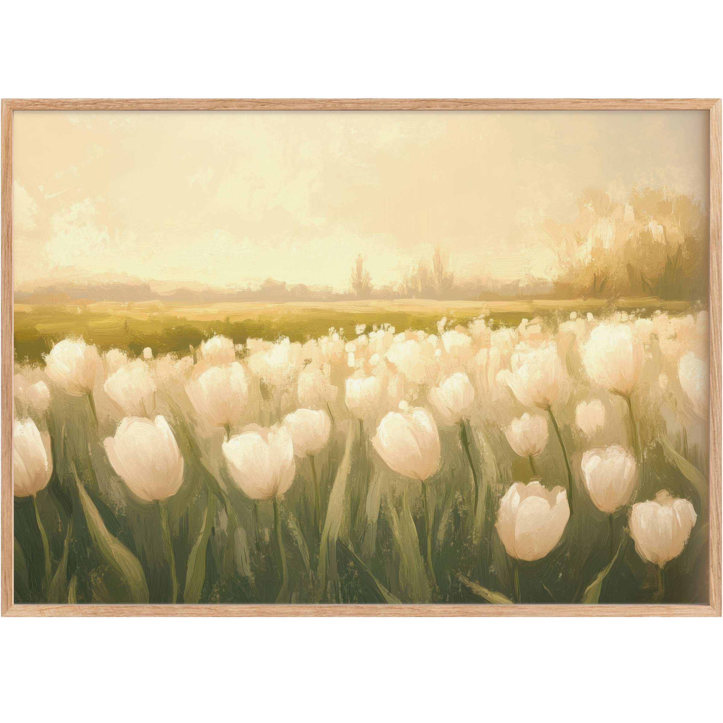 Elegant spring printable wall art capturing serene white tulips in soft golden light, evoking calm and refined warmth