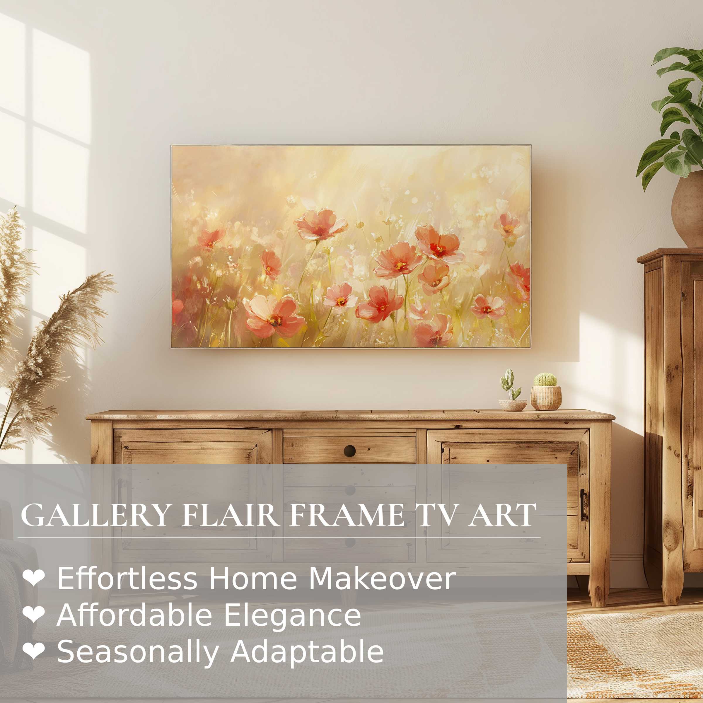 Samsung Frame TV displaying refined summer digital artwork with soft florals in a modern, sunlit natural setting