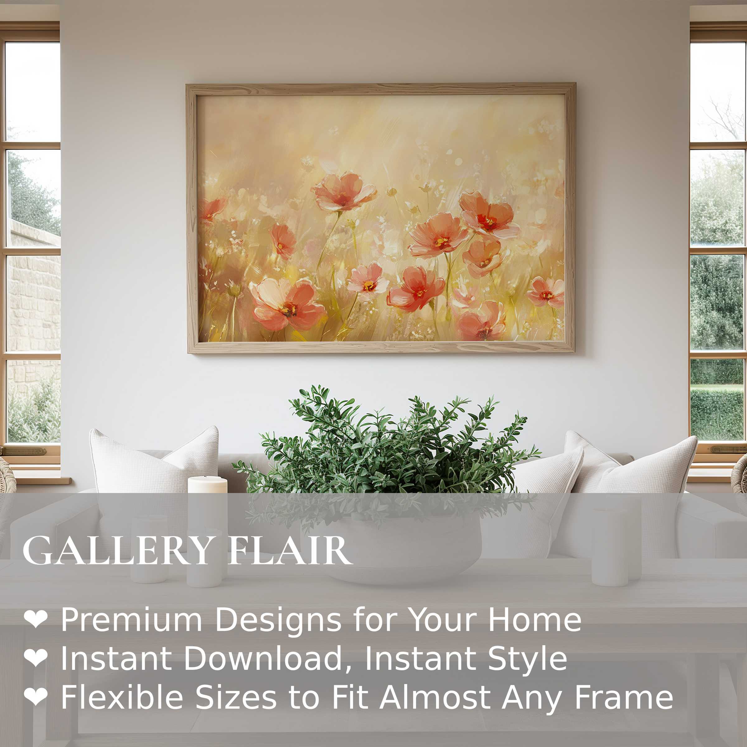 Summer wall art print featuring delicate coral poppies in soft, sunlit hues, evoking a radiant, calming ambiance in sophisticated modern interiors Enhances serene living spaces with natural elegance and warm botanical charm