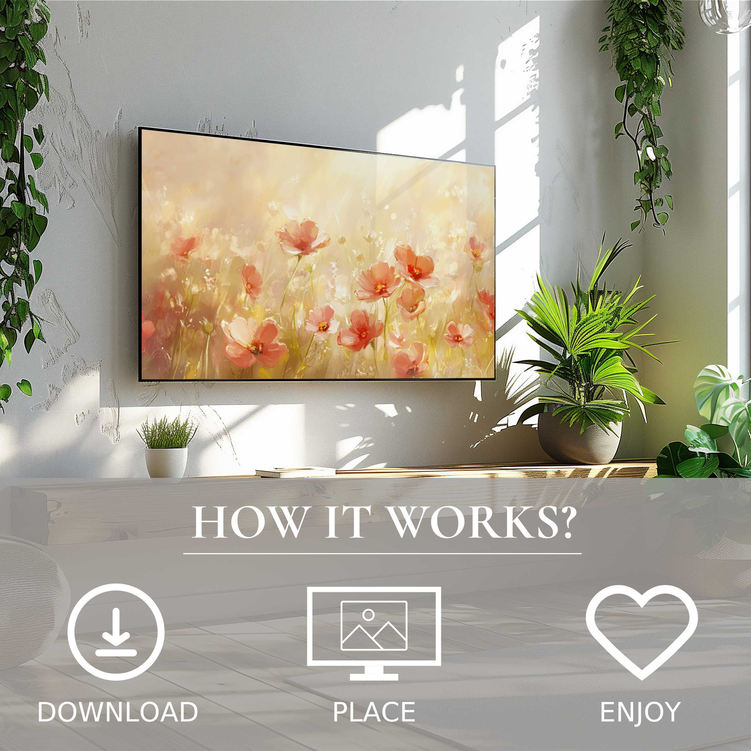 Summer art for Samsung TV with soft sunset tones, easy digital download enriching modern living spaces