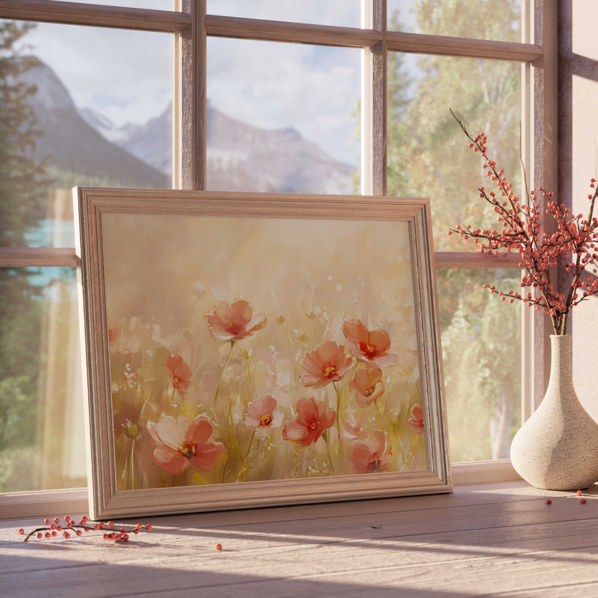 Summer downloadable art capturing delicate coral blooms in soft sunlight, elevating curated interiors with tranquil warmth and refined elegance