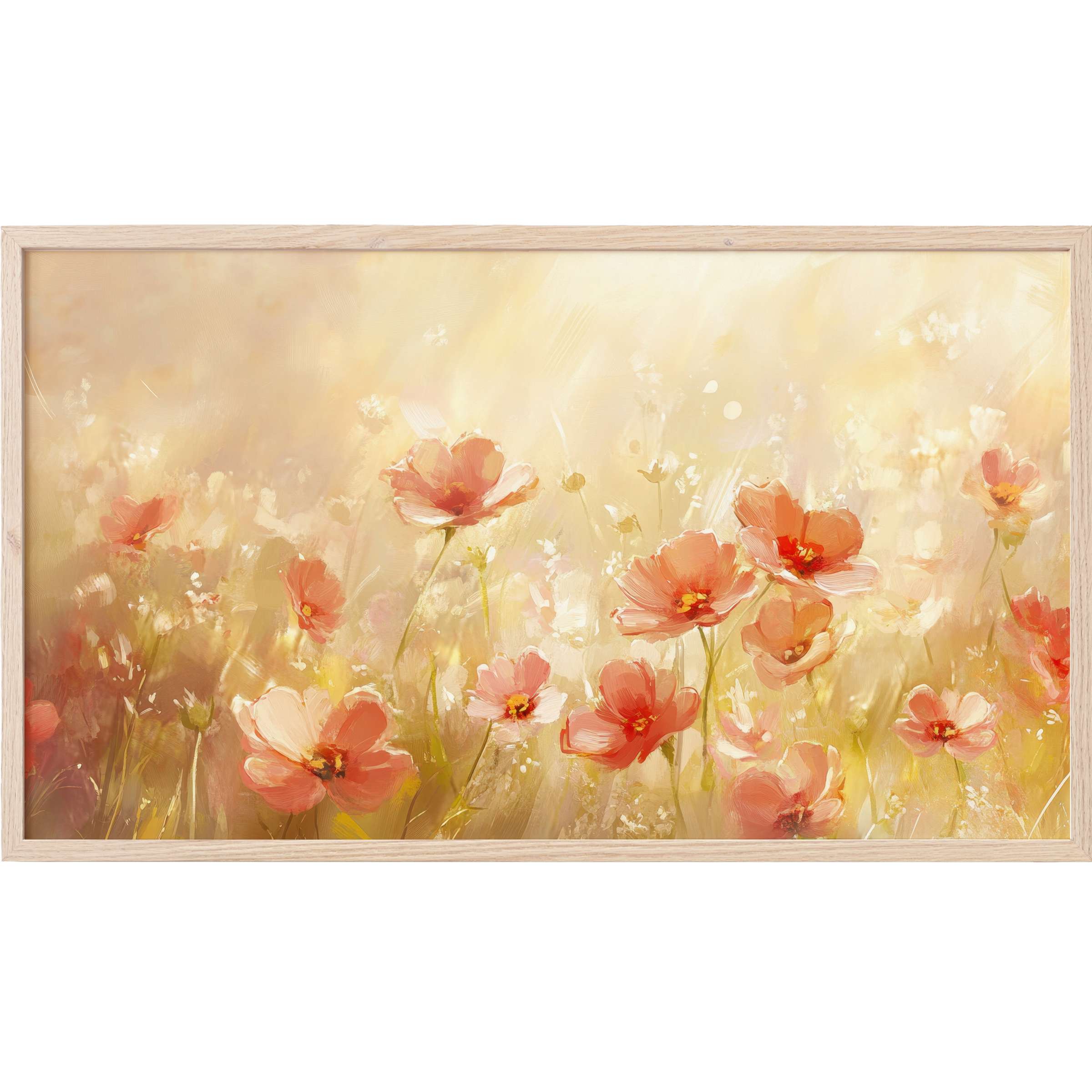 Elegant summer Frame TV Art featuring soft peach blossoms and golden hues in a dreamy, impressionistic style