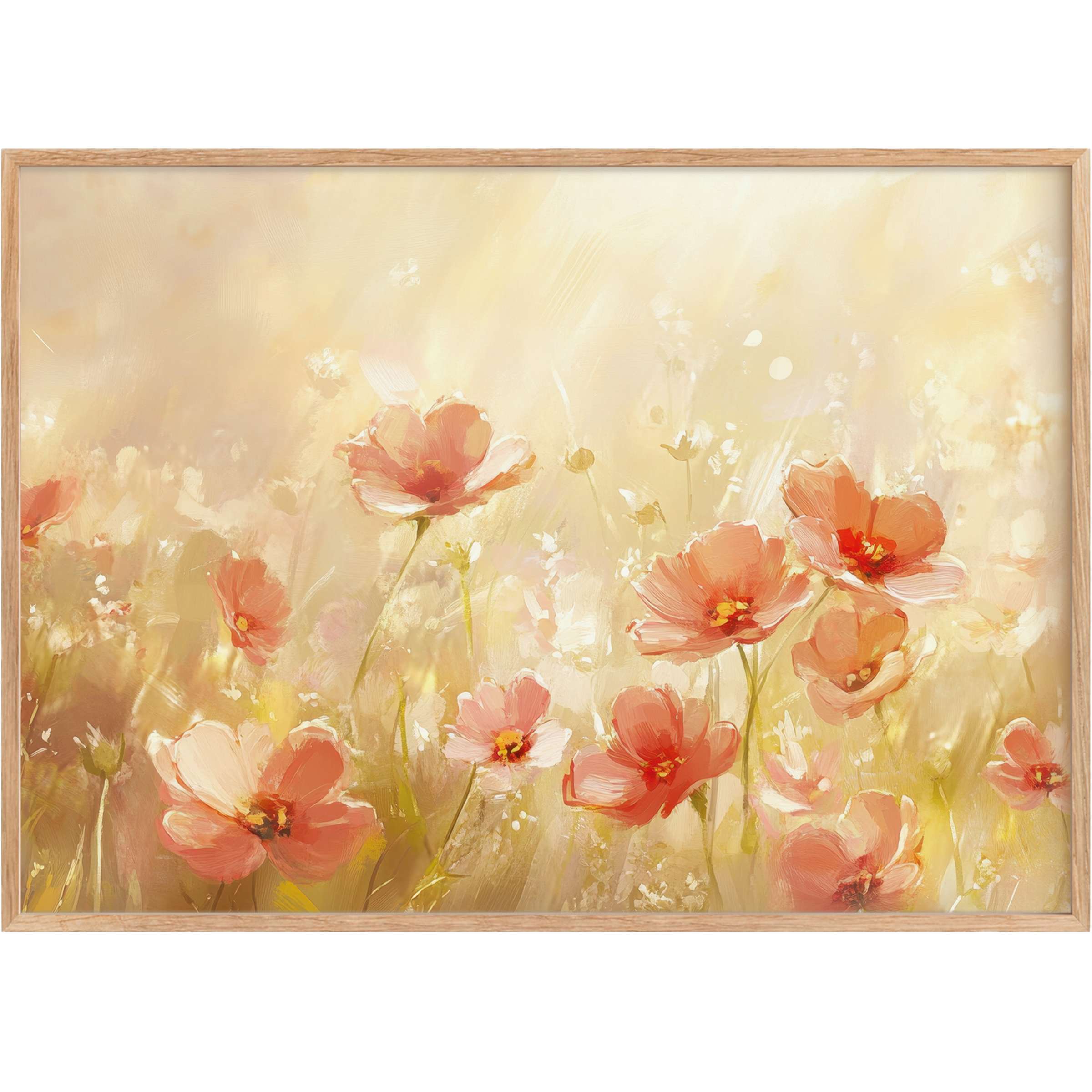 Summer printable wall art with radiant coral blooms and golden light, evoking warmth and serene elegance for stylish interiors