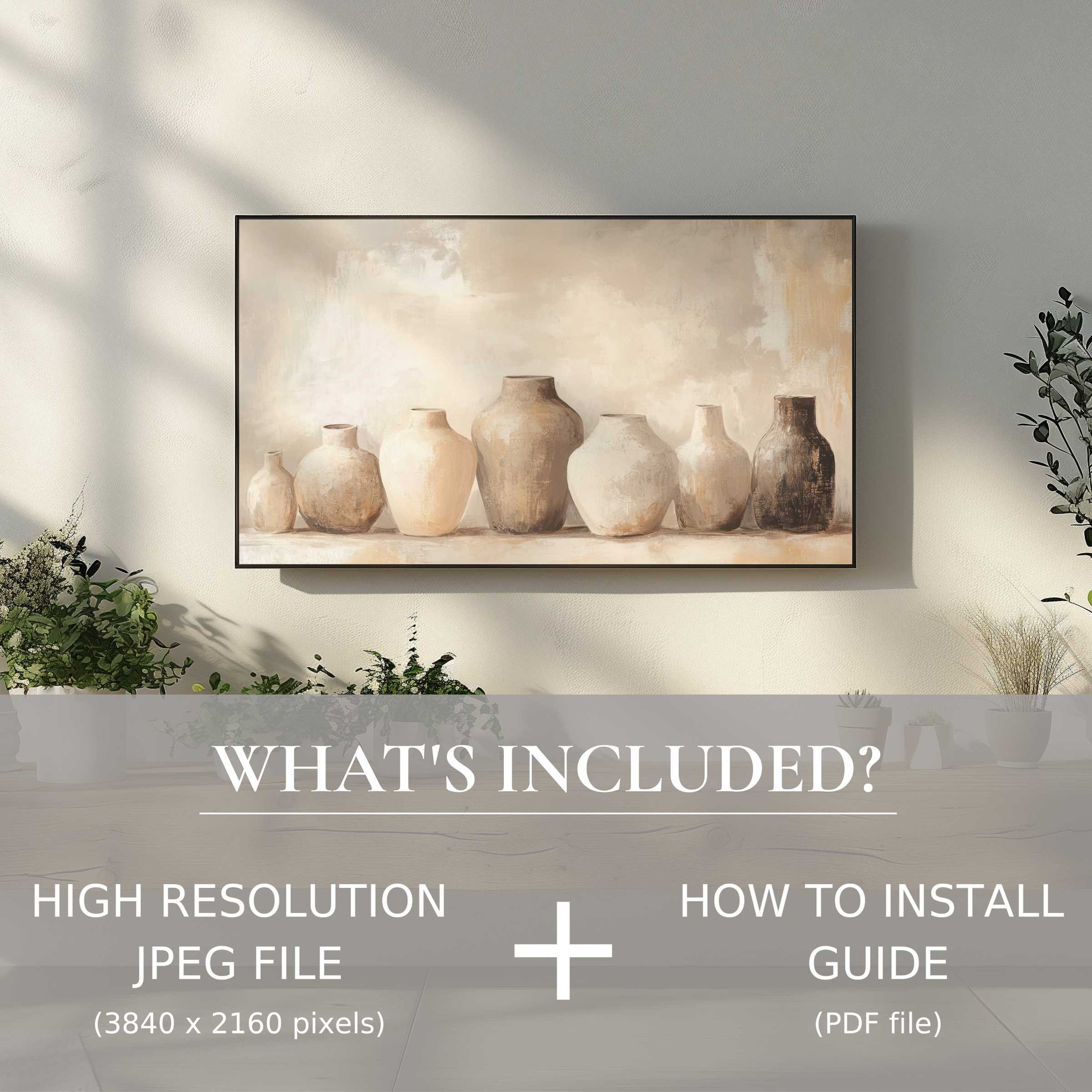 Elegant boho digital TV art download showcasing neutral vases, easily enhances living spaces with seamless digital use