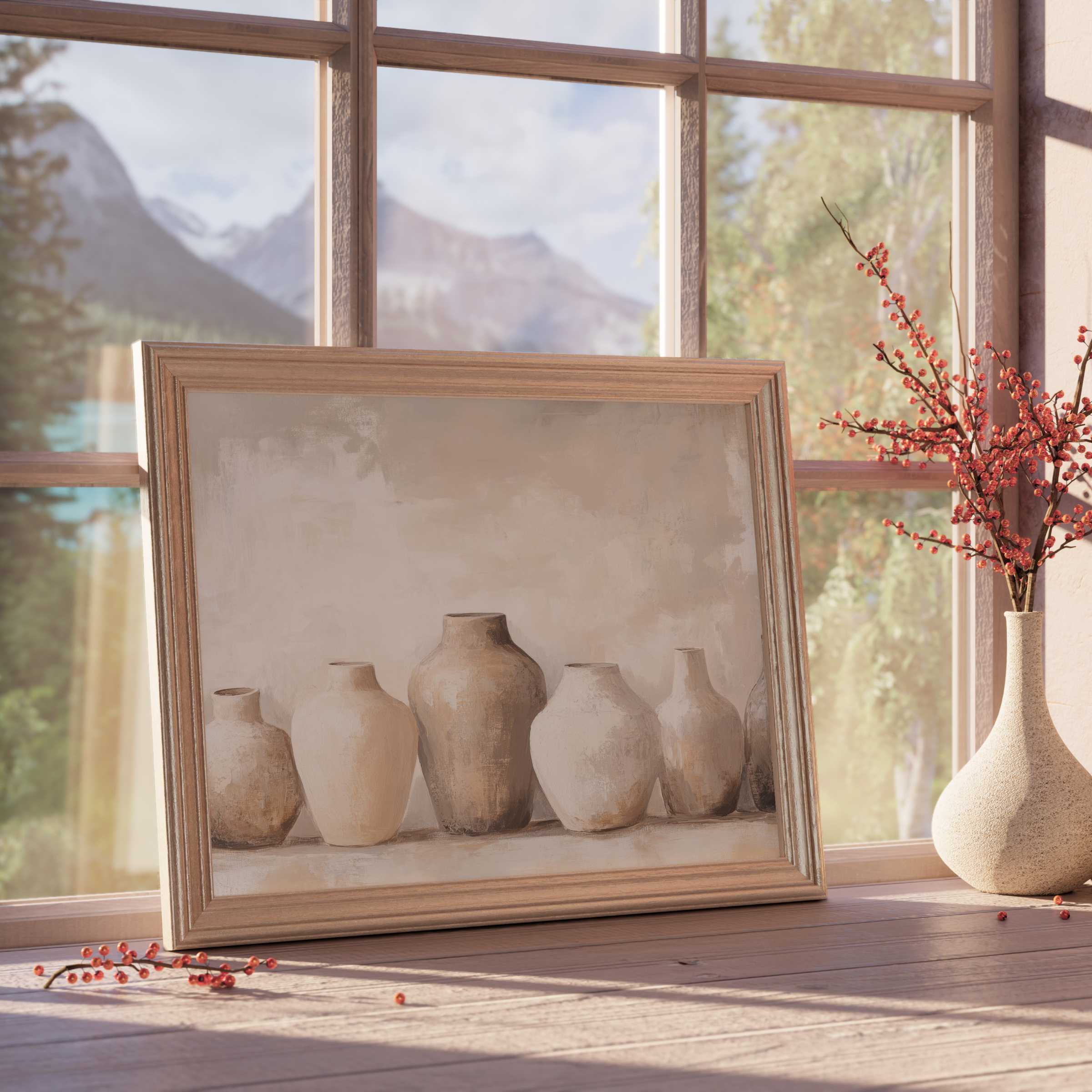 Boho downloadable art featuring serene, earthy-toned vessels harmonizing with sunlit, curated interiors for tranquil, design-forward homes