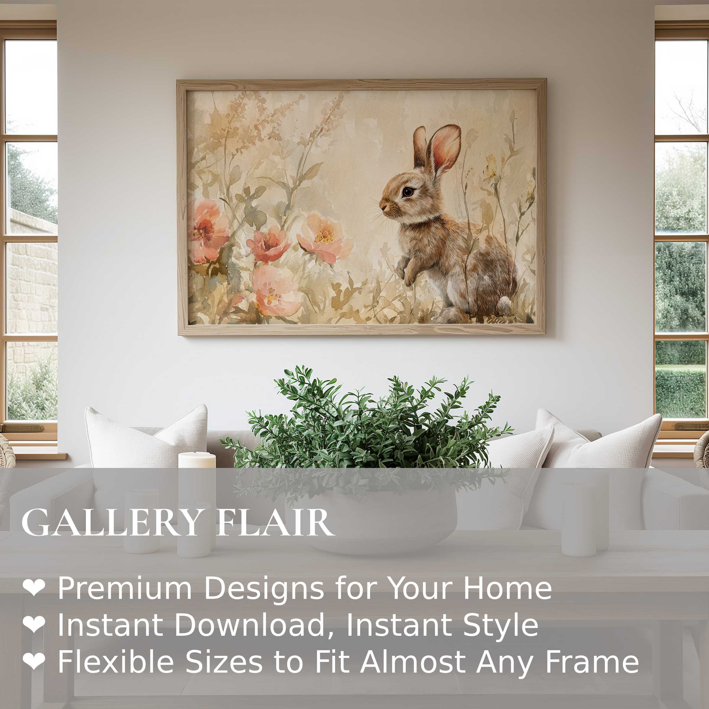 Easter wall art print featuring a delicate bunny amid soft floral hues, enriching contemporary rustic interiors with serene charm