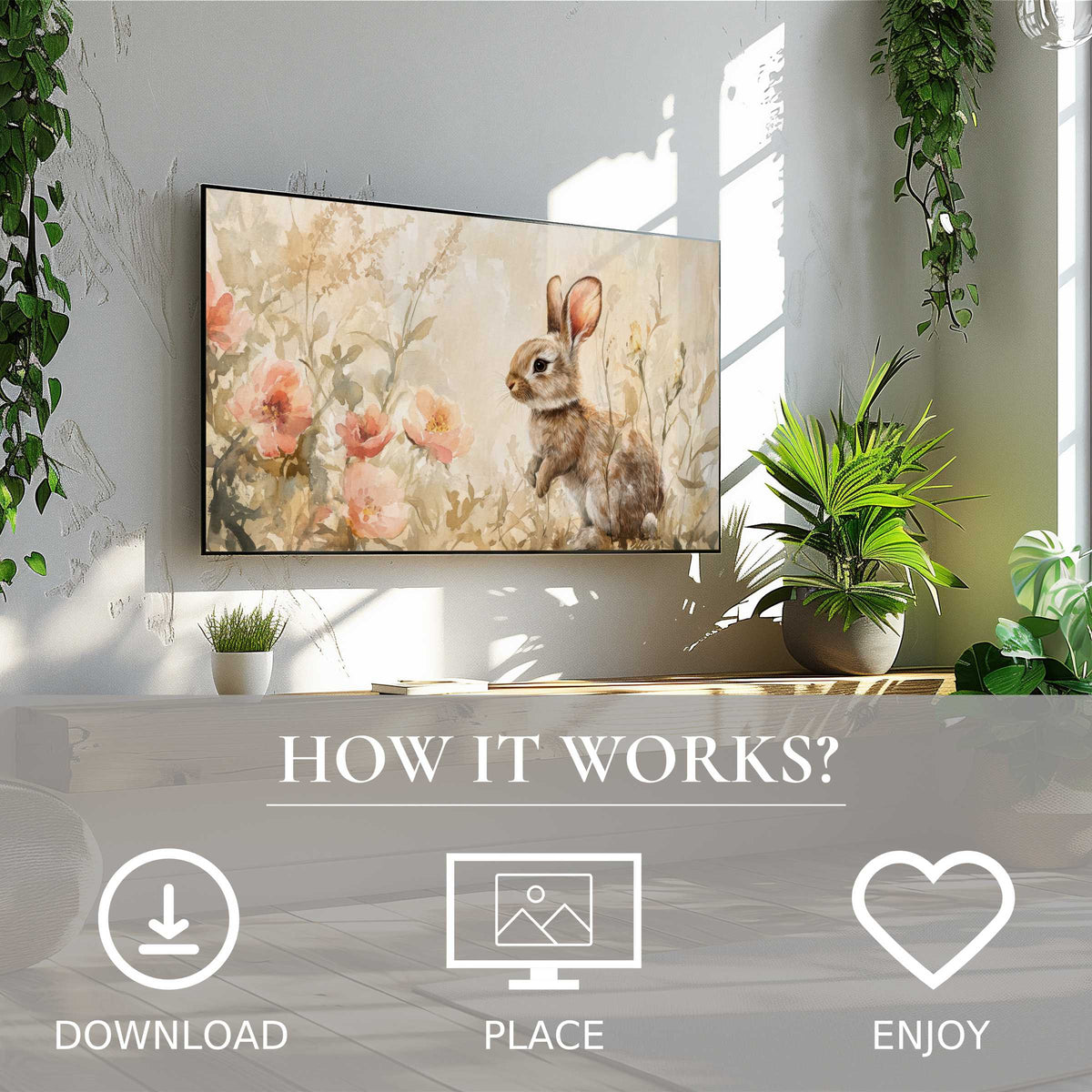 Easter art for Samsung TV shows a soft, floral bunny motif; easy digital download enriches modern living spaces effortlessly