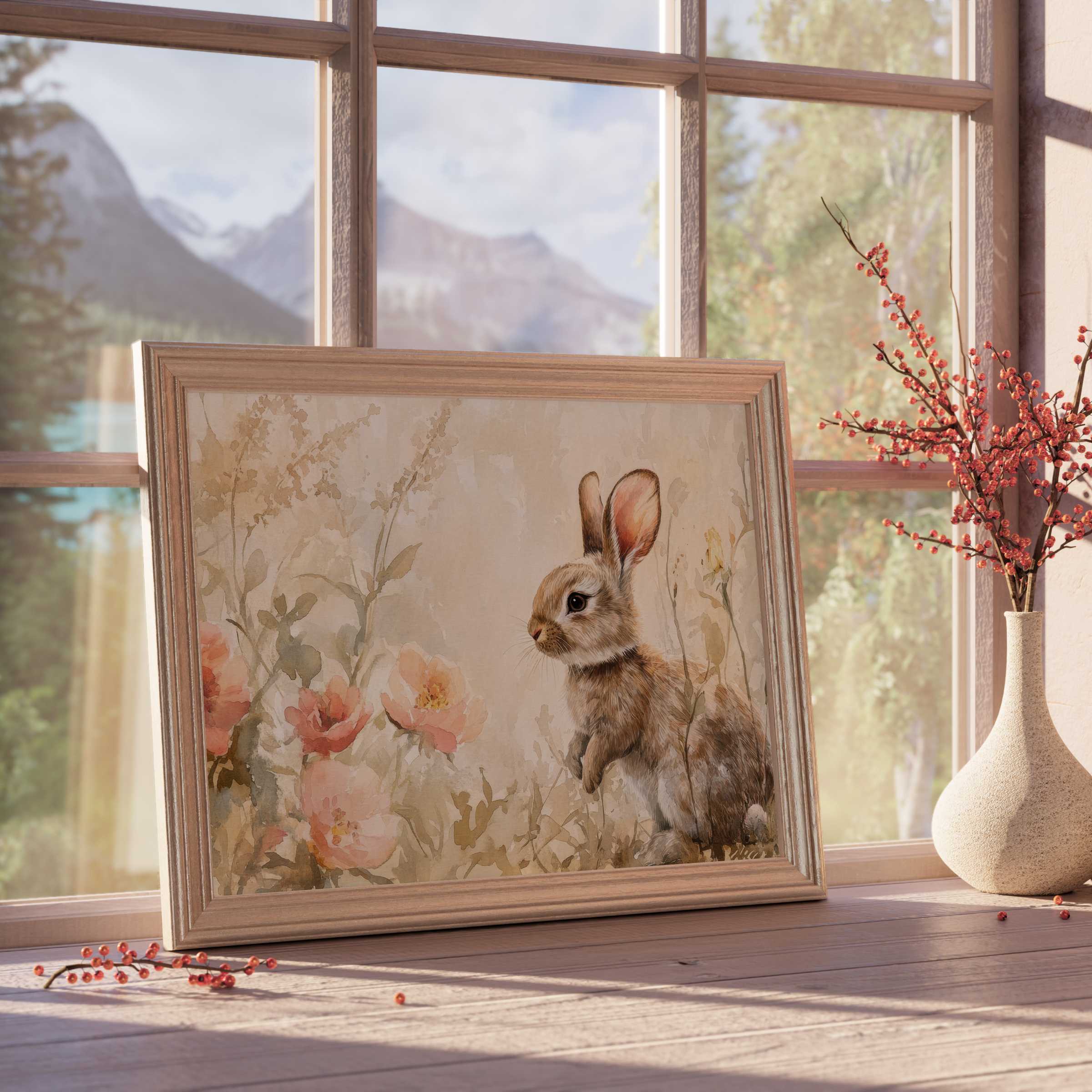 Serene easter downloadable art featuring a delicate bunny amidst soft blooms, elevating tranquil, curated interiors with timeless charm