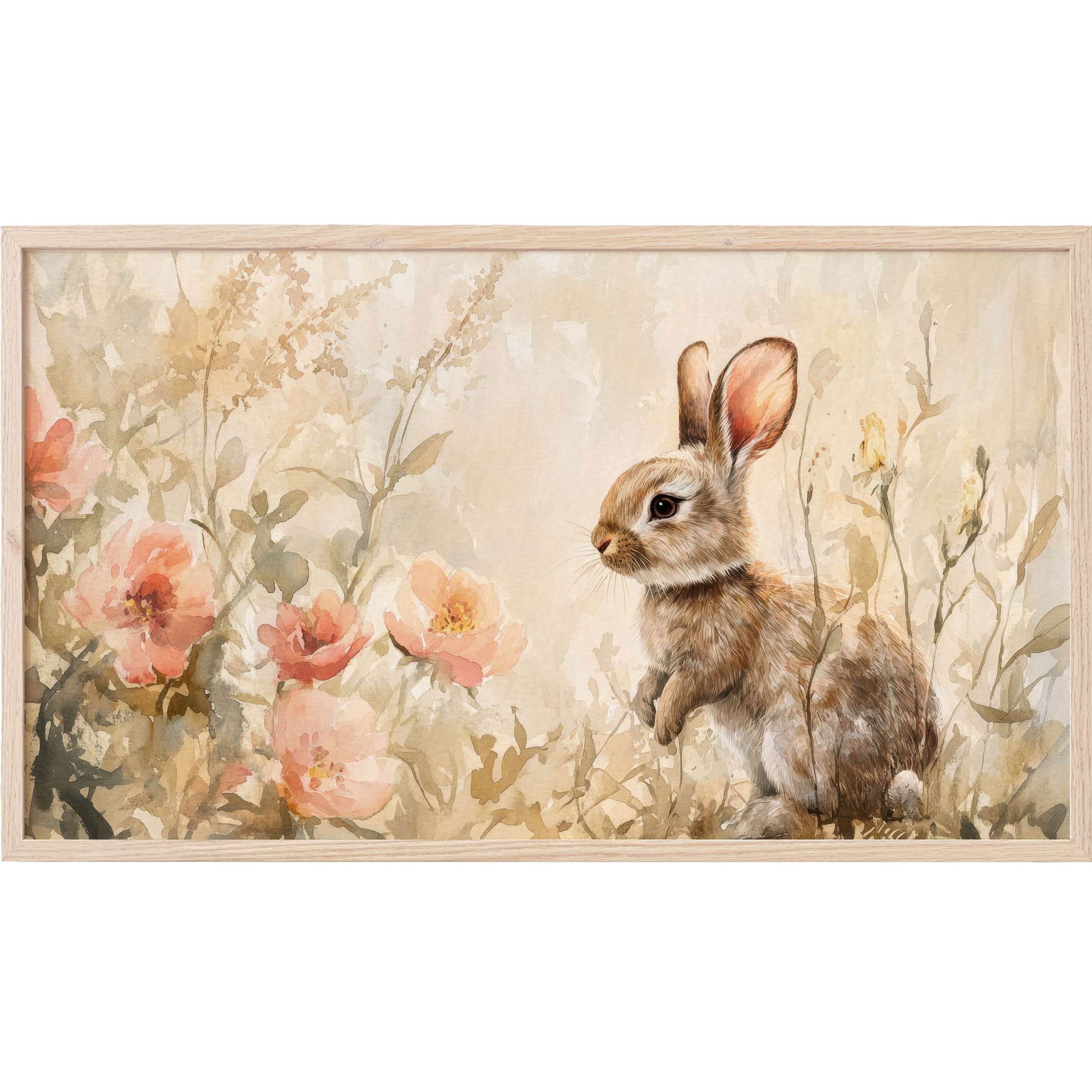 Elegant watercolor of a rabbit among soft pink blooms and beige foliage, a perfect easter Frame TV Art piece