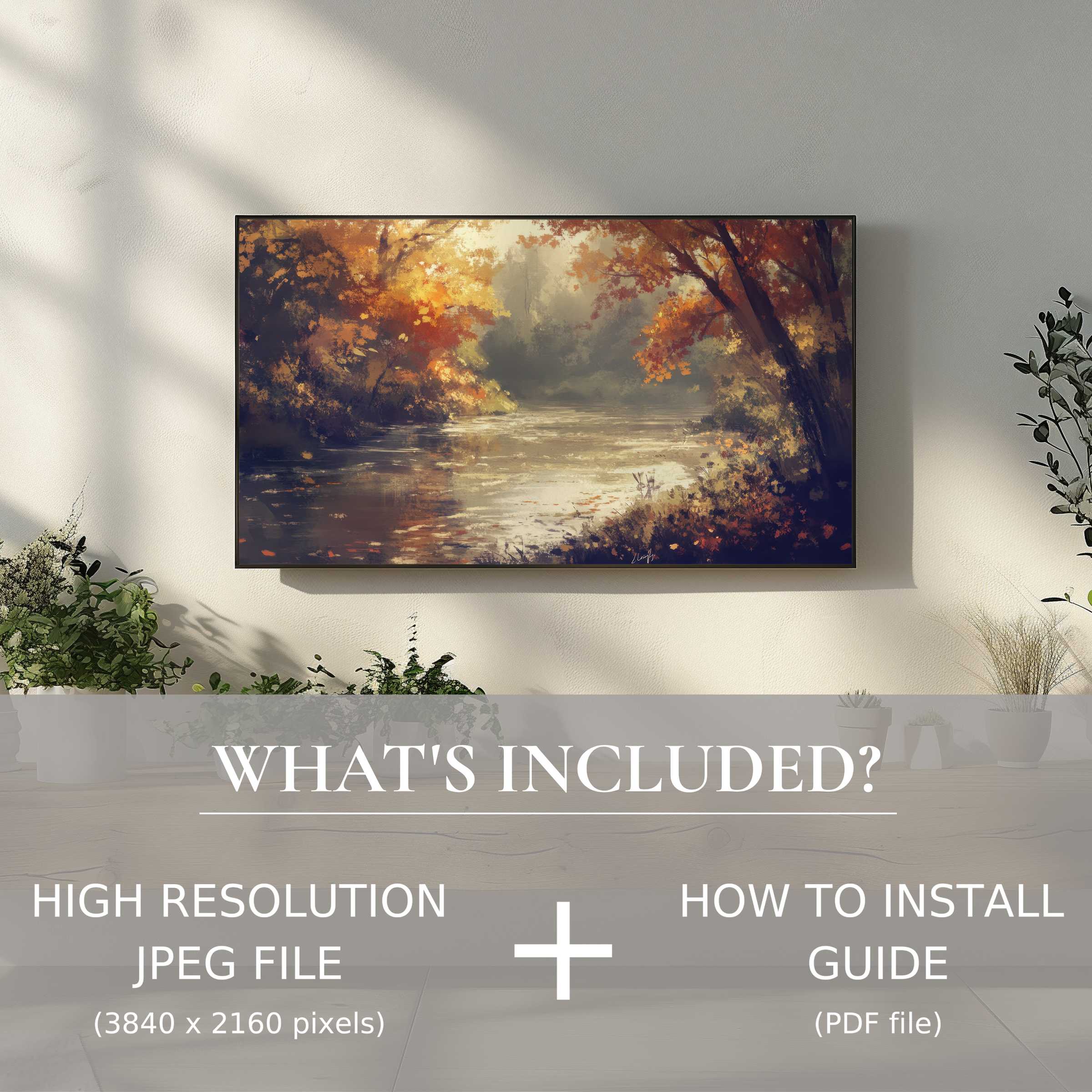 Elegant landscape digital TV art download adds warm autumn charm and effortless style to modern living spaces