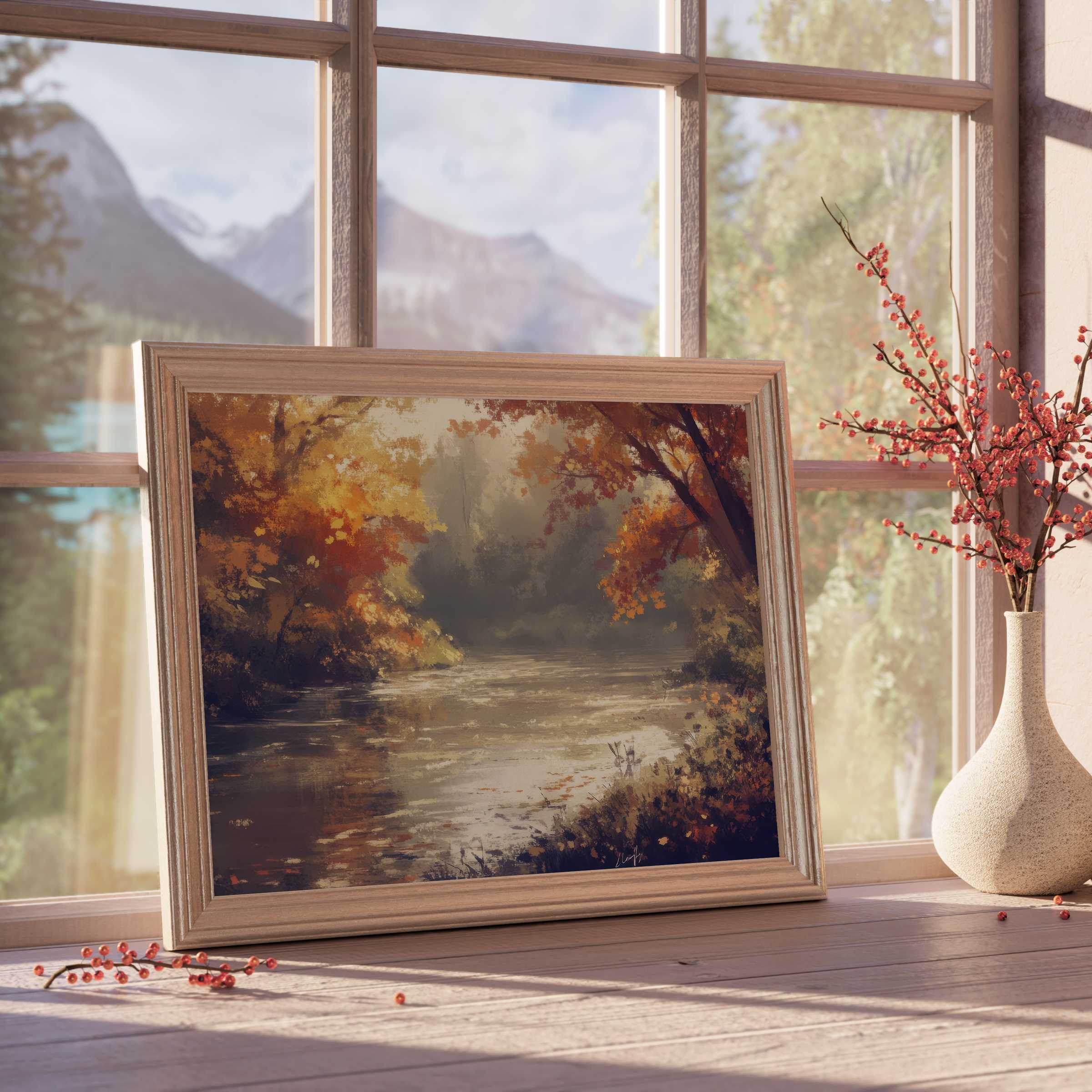Warm, tranquil landscape downloadable art with autumnal hues, enhancing elegant, curated interiors with serene river charm