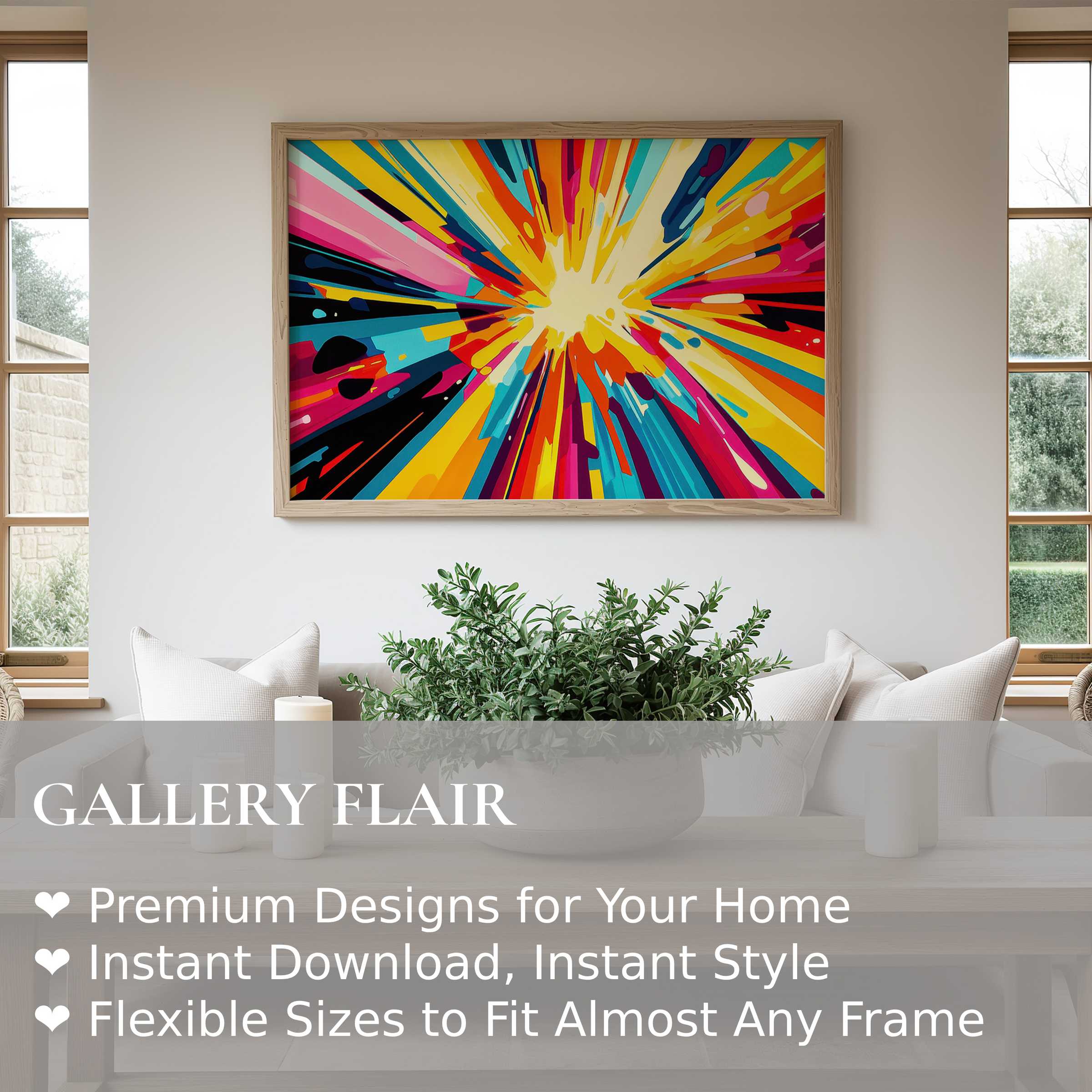 Vibrant pop art wall art print bursting with radiant colors, enhancing this modern minimalist living room with energetic, bold flair