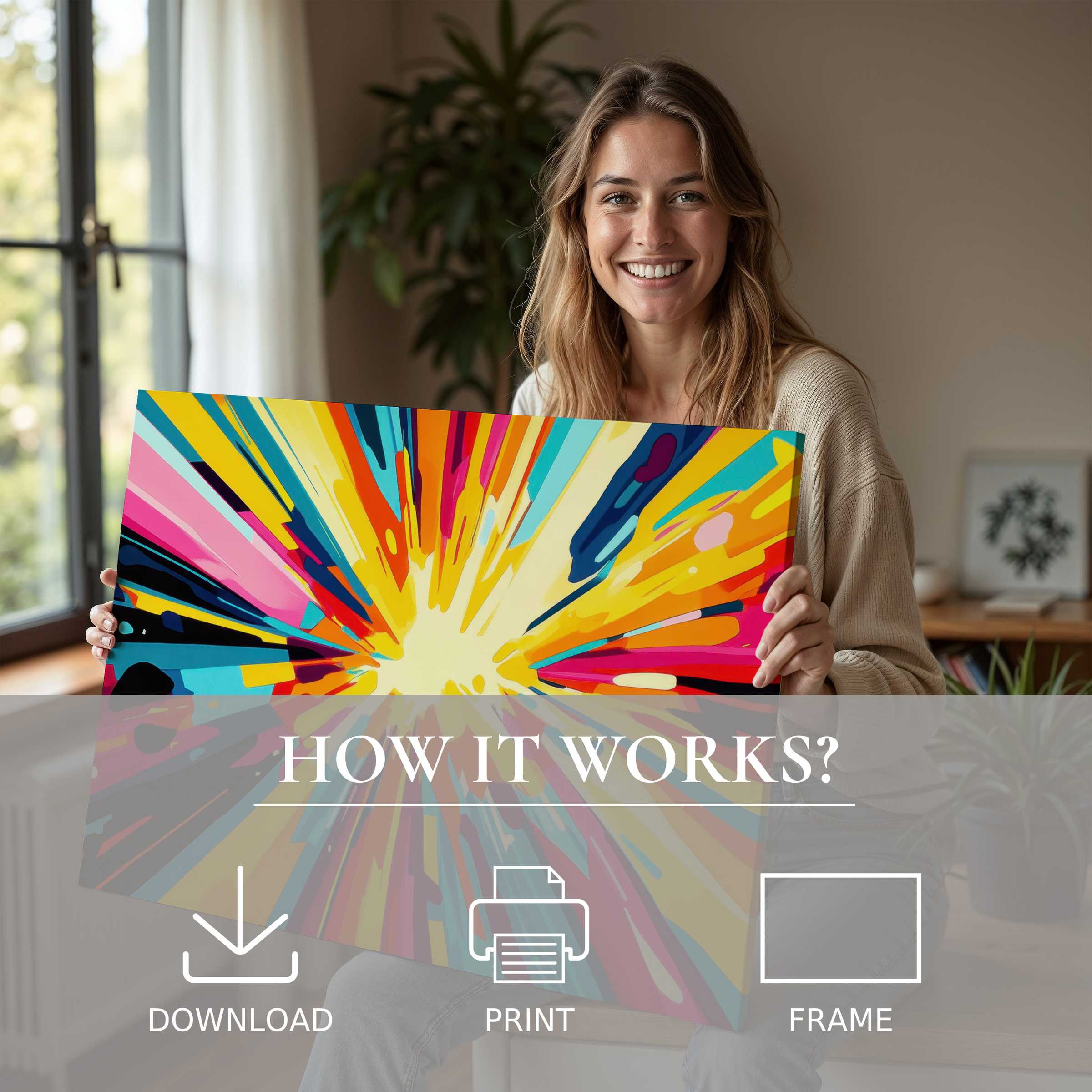 A joyful moment in a stylish home, celebrating the vibrant pop art digital art print that effortlessly brightens interiors
