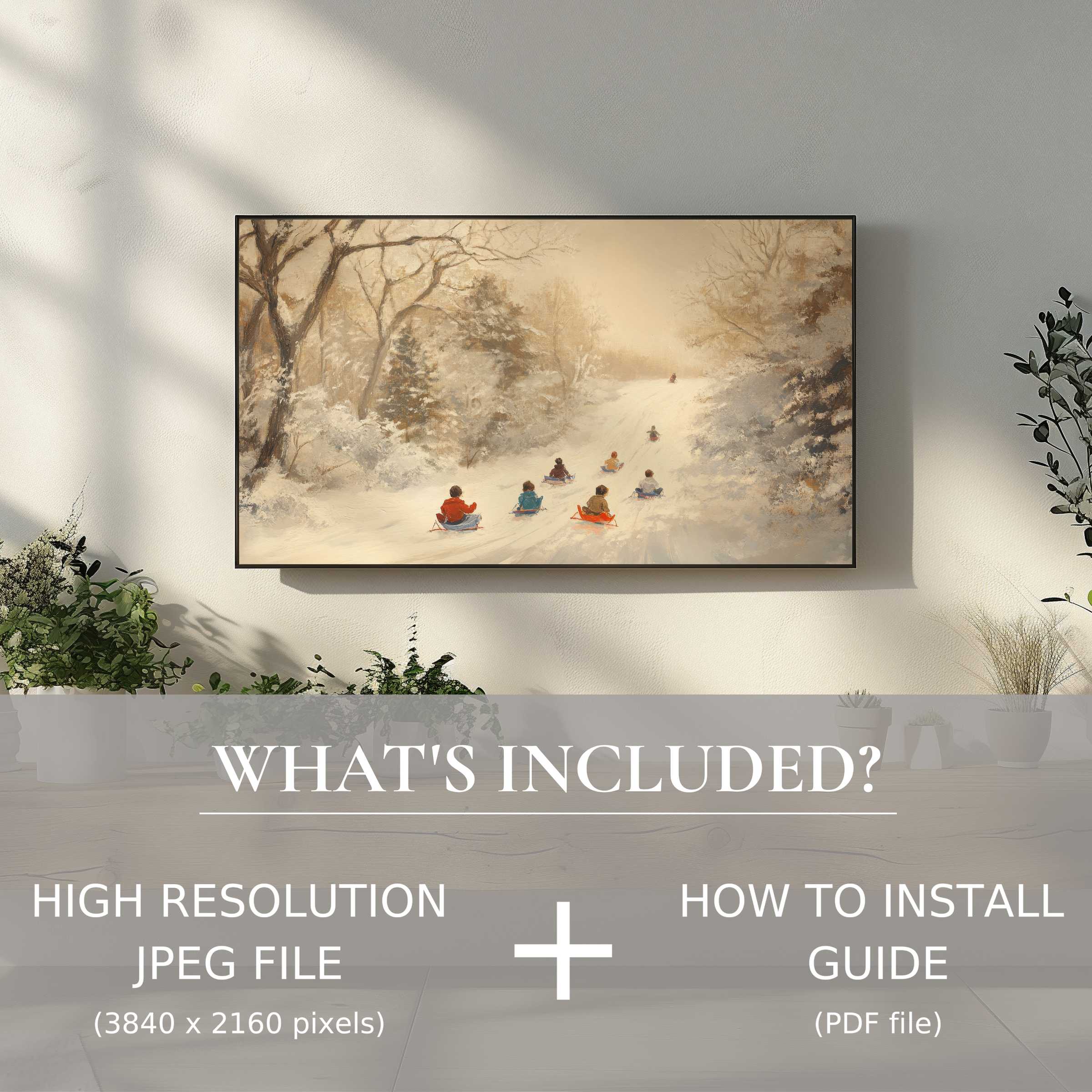 Elegant Christmas digital TV art download with easy use, enhancing cozy living spaces with warm snowy sledding scenes