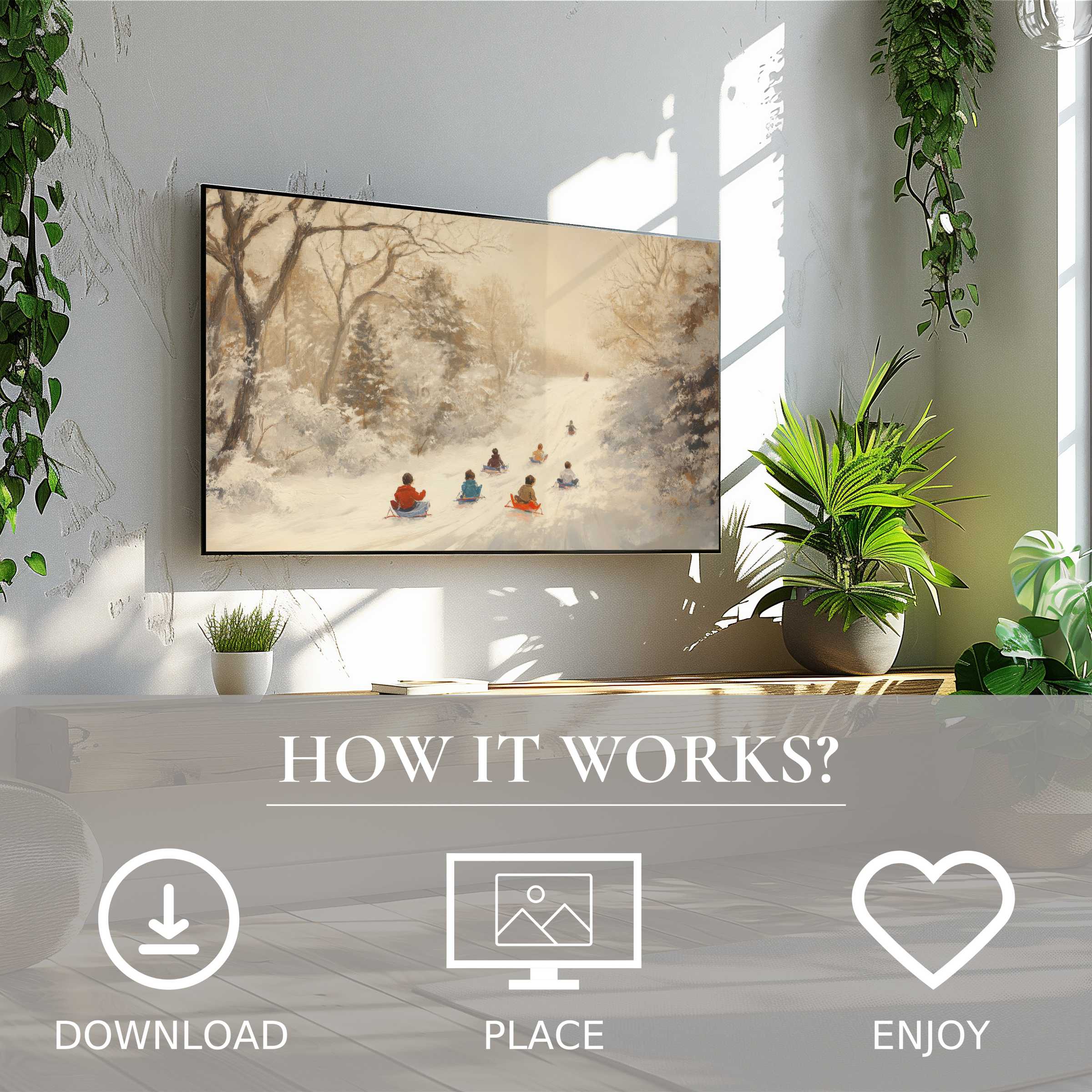 Christmas art for Samsung TV showing soft winter hues and sledding scene; easy digital download enriches modern living spaces