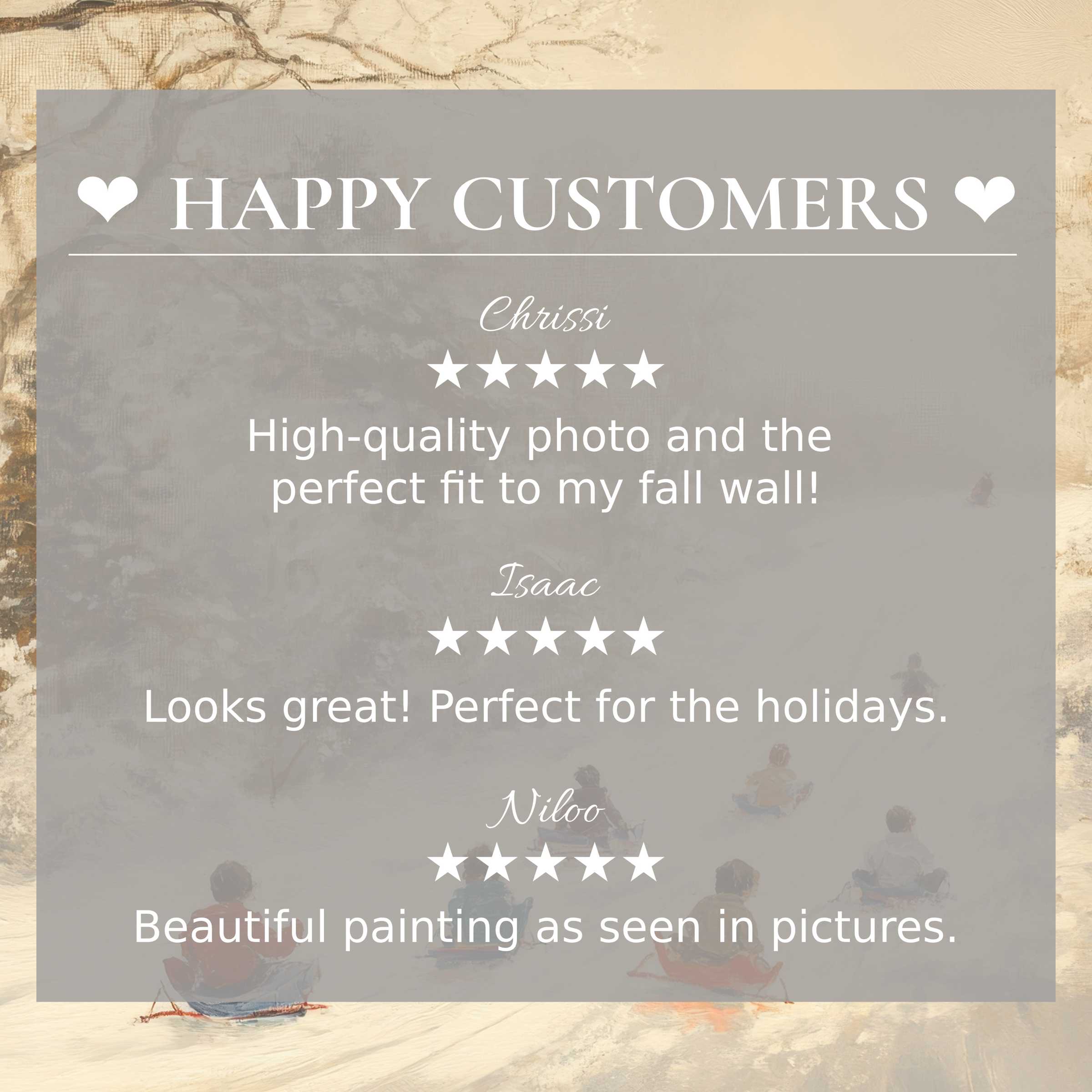 christmas art for Frame TV with soft abstract beige background, showcasing happy customer reviews and refined trust