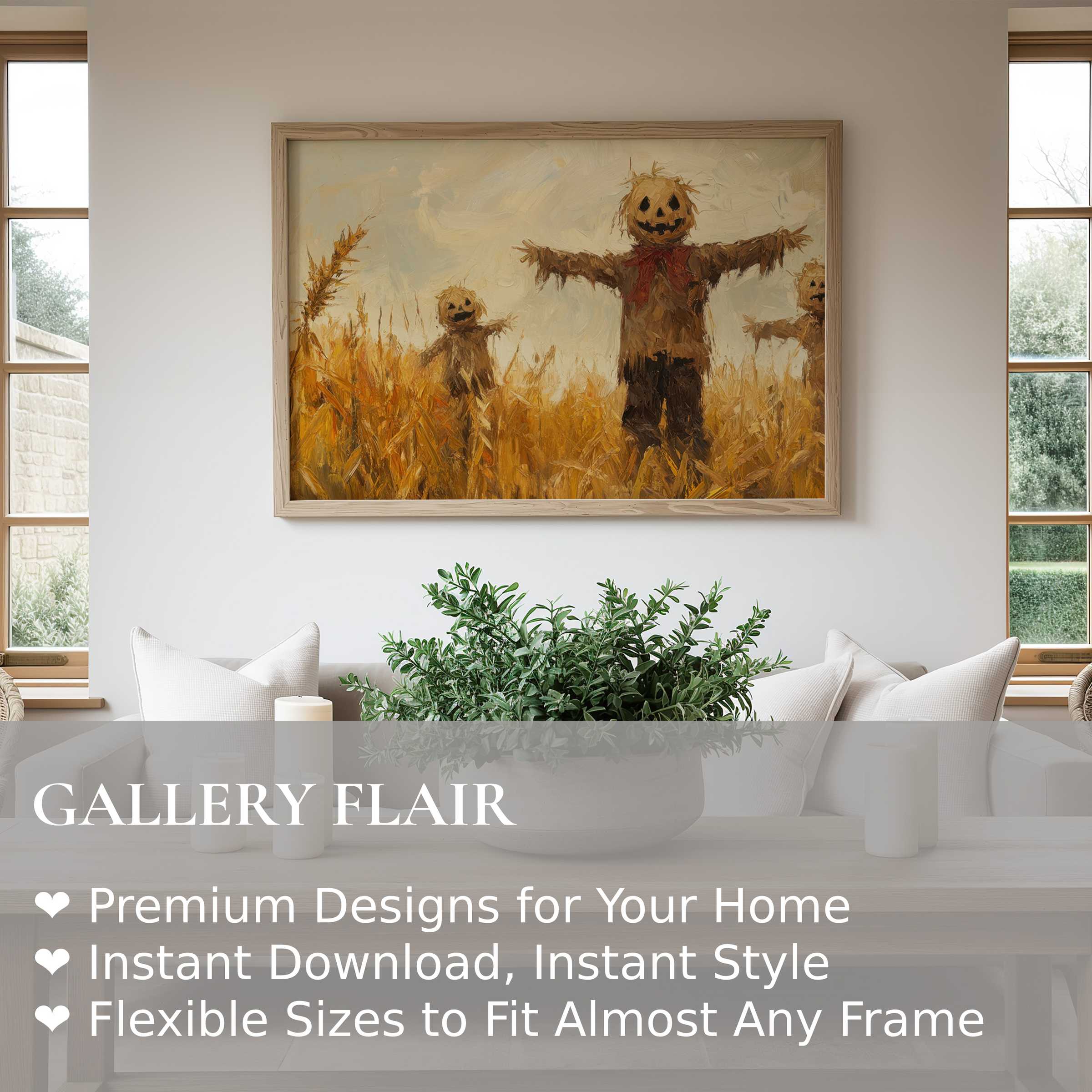 Halloween wall art print featuring rustic scarecrows in golden fields, enriching modern farmhouse interiors with warm, bold autumn charm