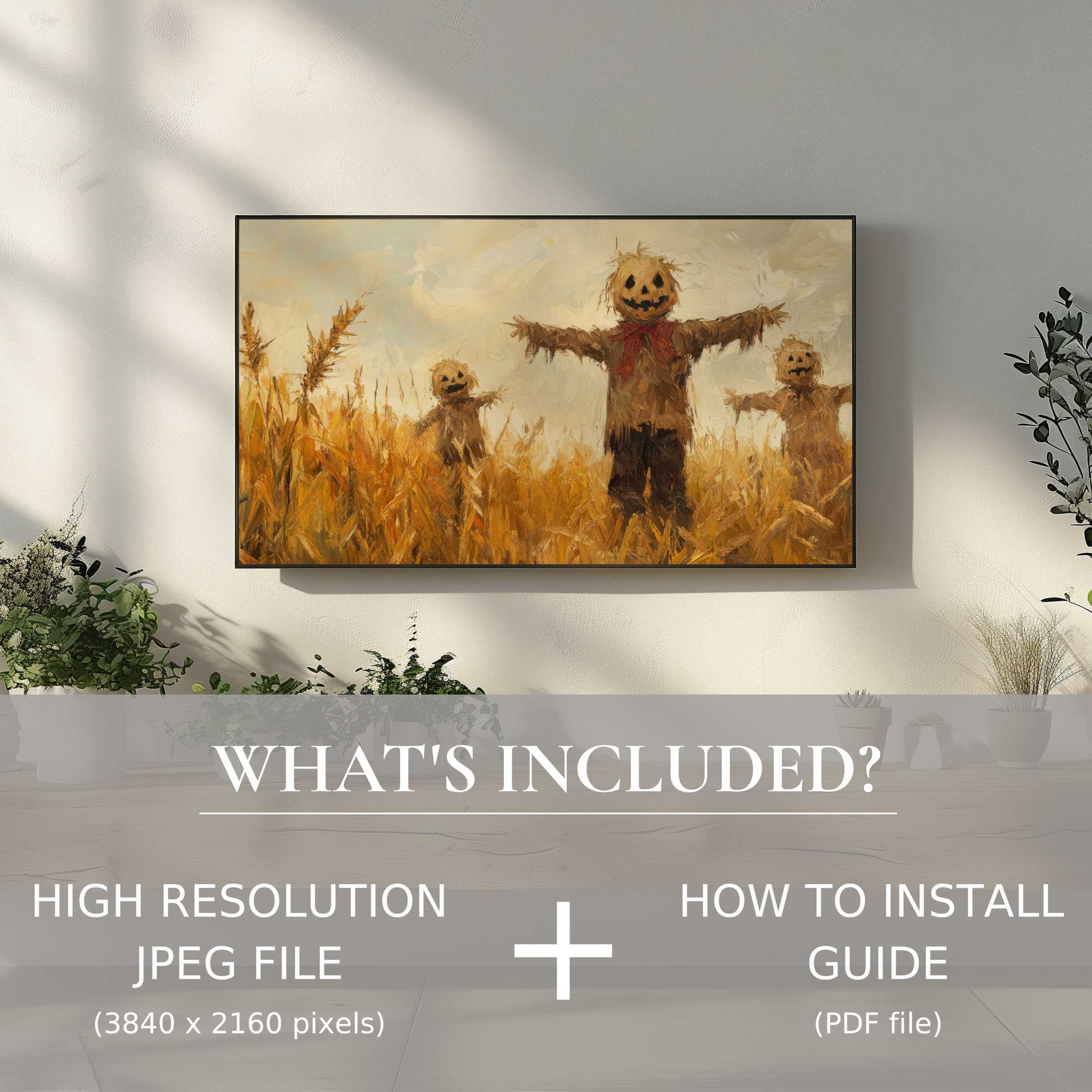 Elegant living room with halloween digital TV art download featuring scarecrow motif, easy digital use elevates space ambiance