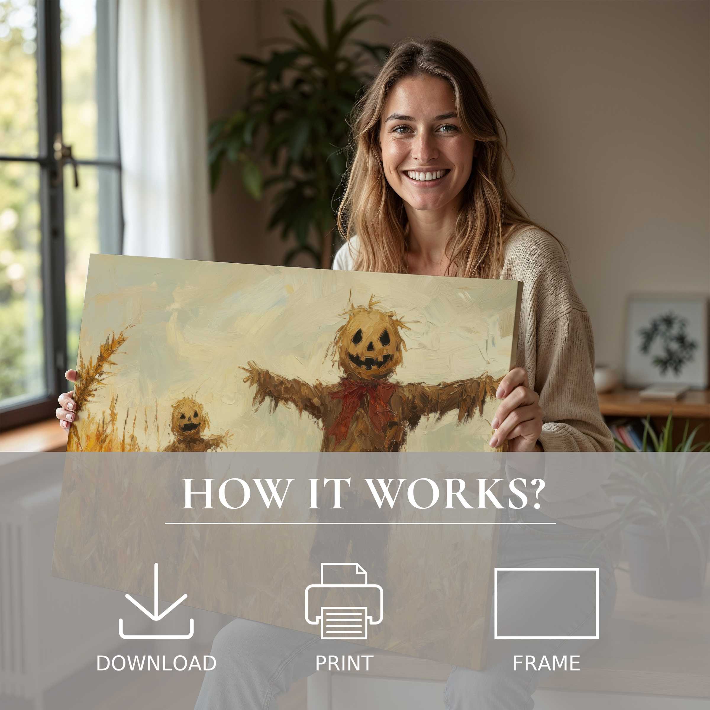 Joy radiates as a woman reveals a Halloween digital art print, merging rustic warmth with refined modern living