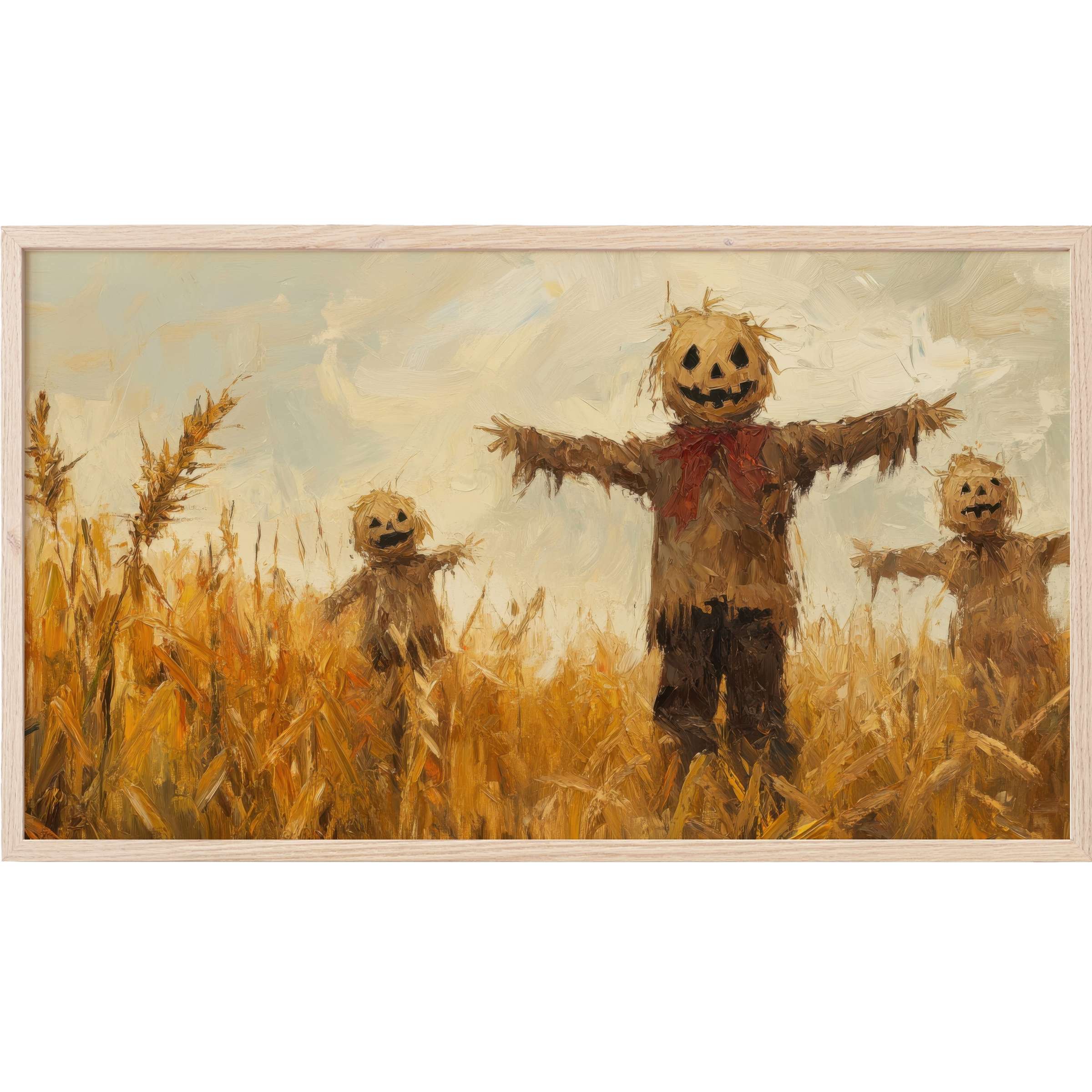 Rustic pumpkin-headed scarecrows in golden fields, textured brushstrokes, warm earth tones, halloween Frame TV Art