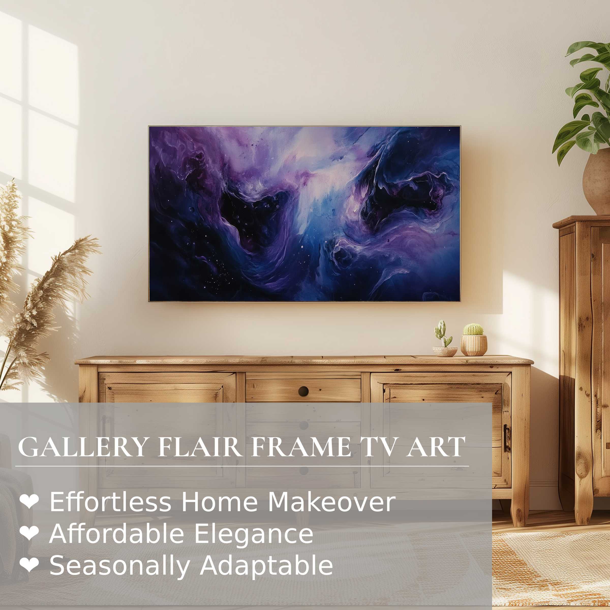 Samsung Frame TV displays a luminous, swirling modern digital artwork in a serene, refined living space