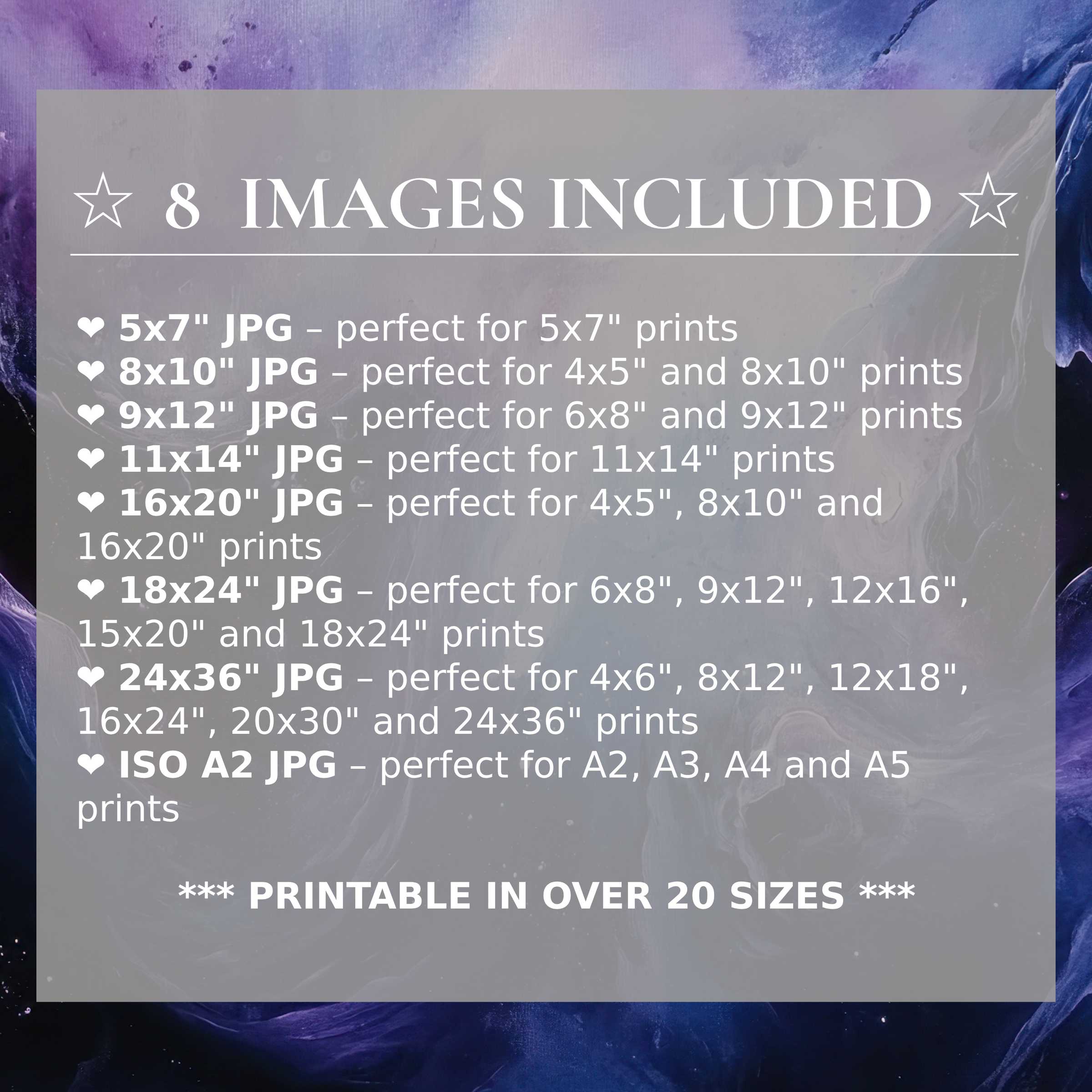 Radiant modern digital print in deep purples and soft lavenders, delivering calming elegance and style in 8 high-quality sizes