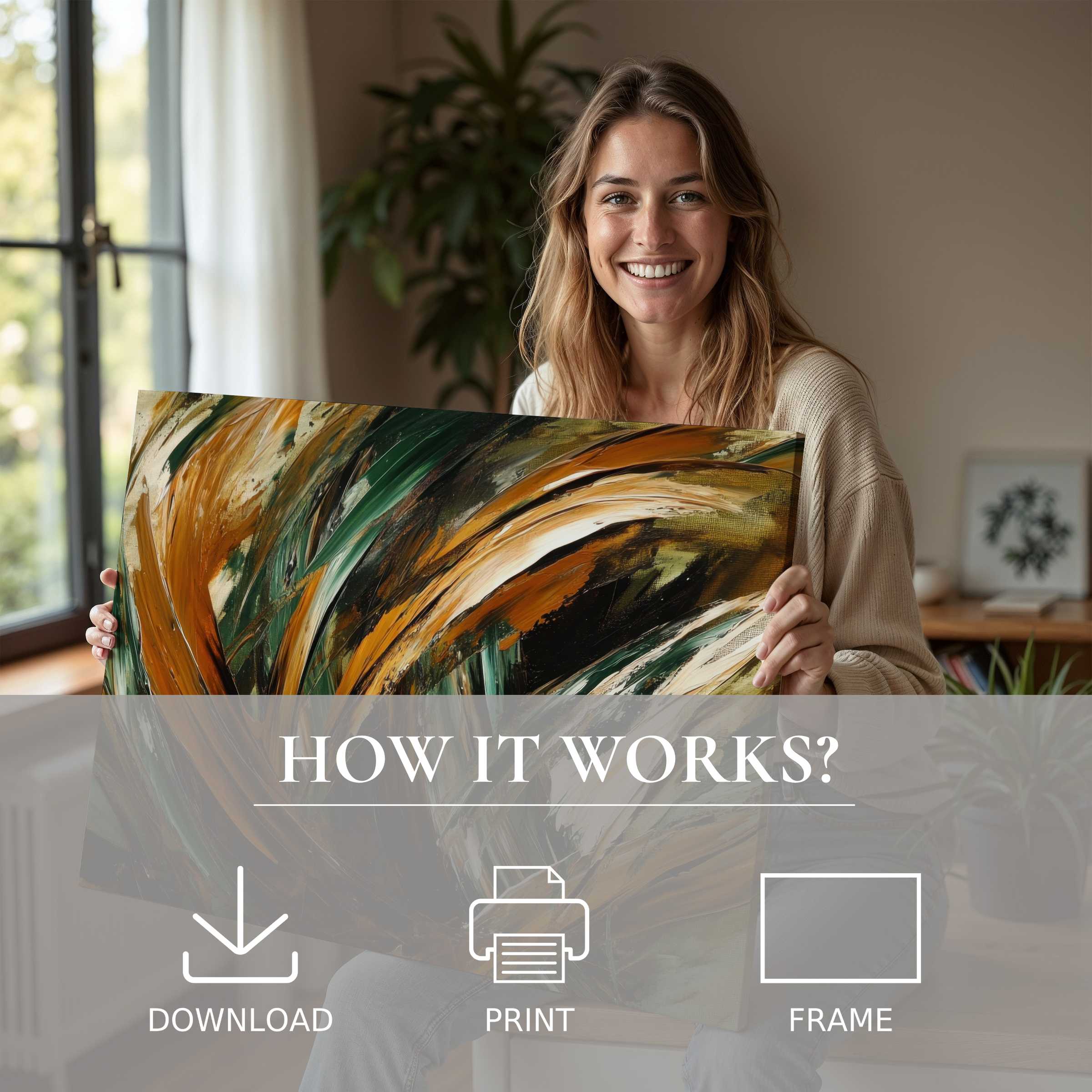 Radiant joy infuses a serene moment as a woman showcases an abstract digital art print, blending rich earthy tones with effortless elegance in a modern home