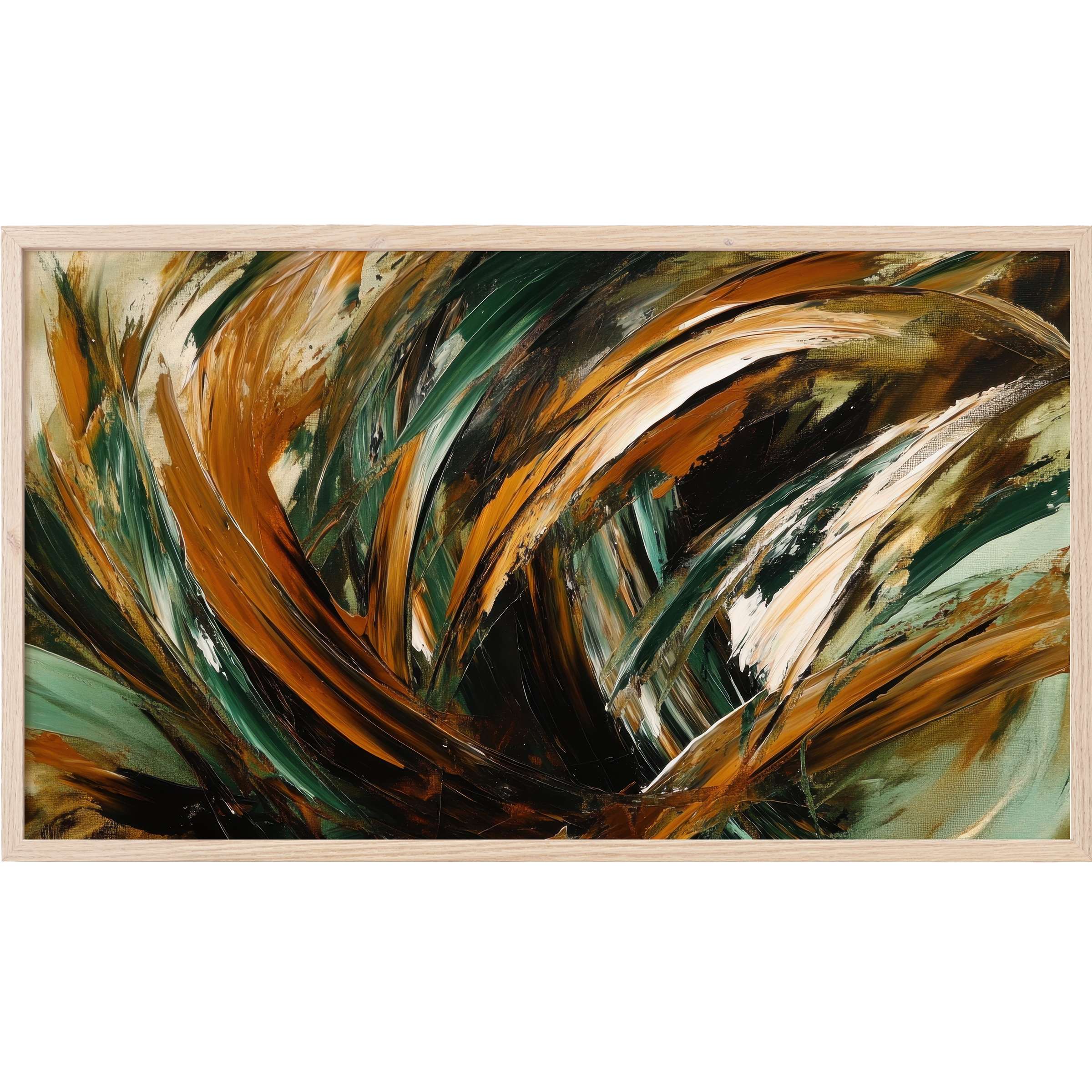 Dynamic strokes of amber, green, and cream swirl in this sophisticated abstract Frame TV Art for modern interiors