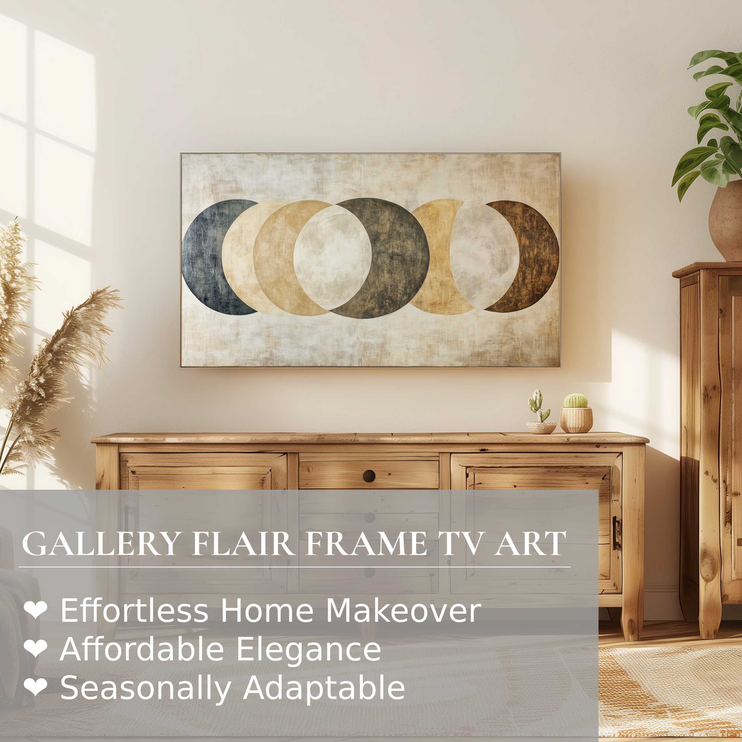 Samsung Frame TV displaying neutral digital artwork with abstract moons in a warm, elegant, modern setting
