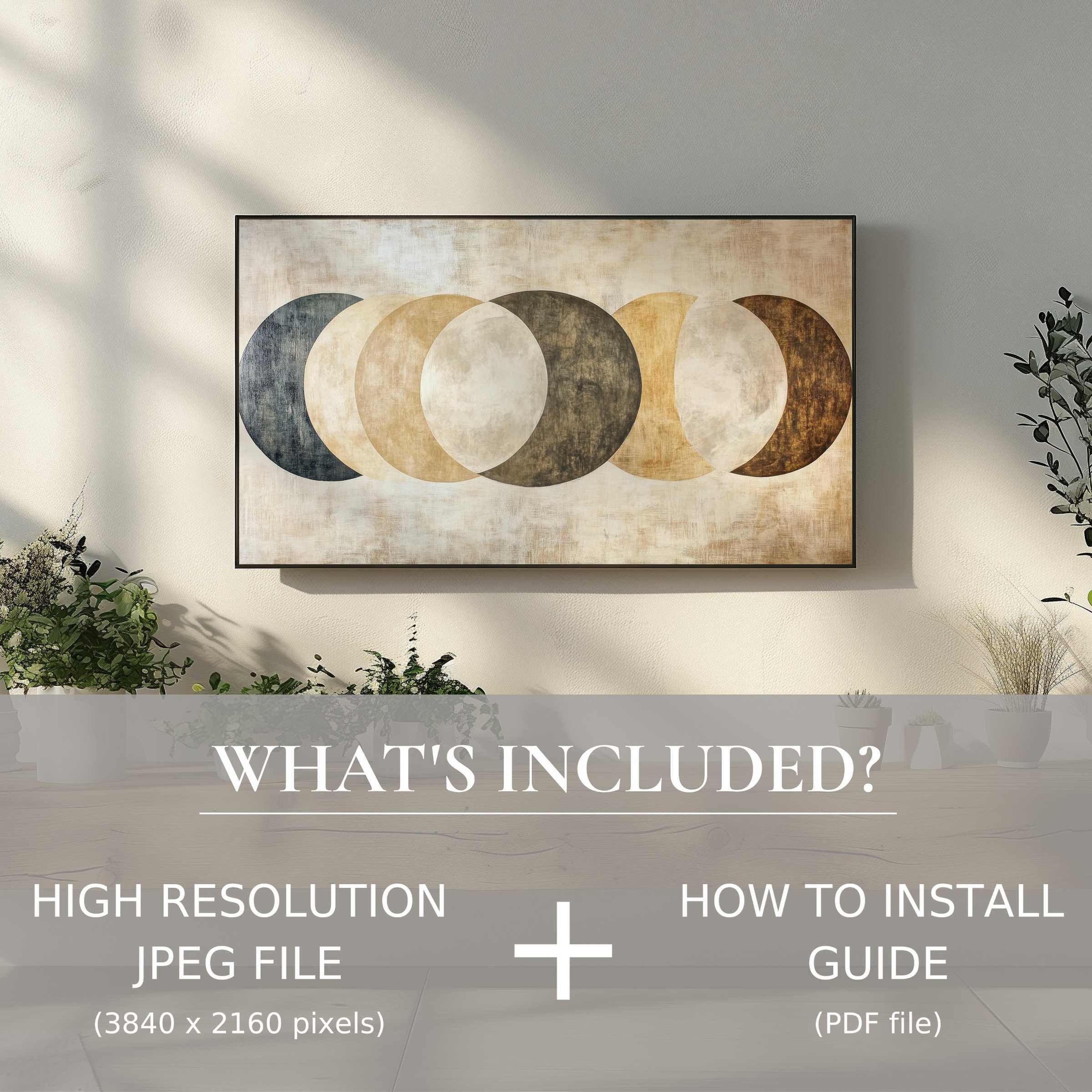 Elegant living room with neutral digital TV art download, easy to use, enhancing any modern space with subtle charm