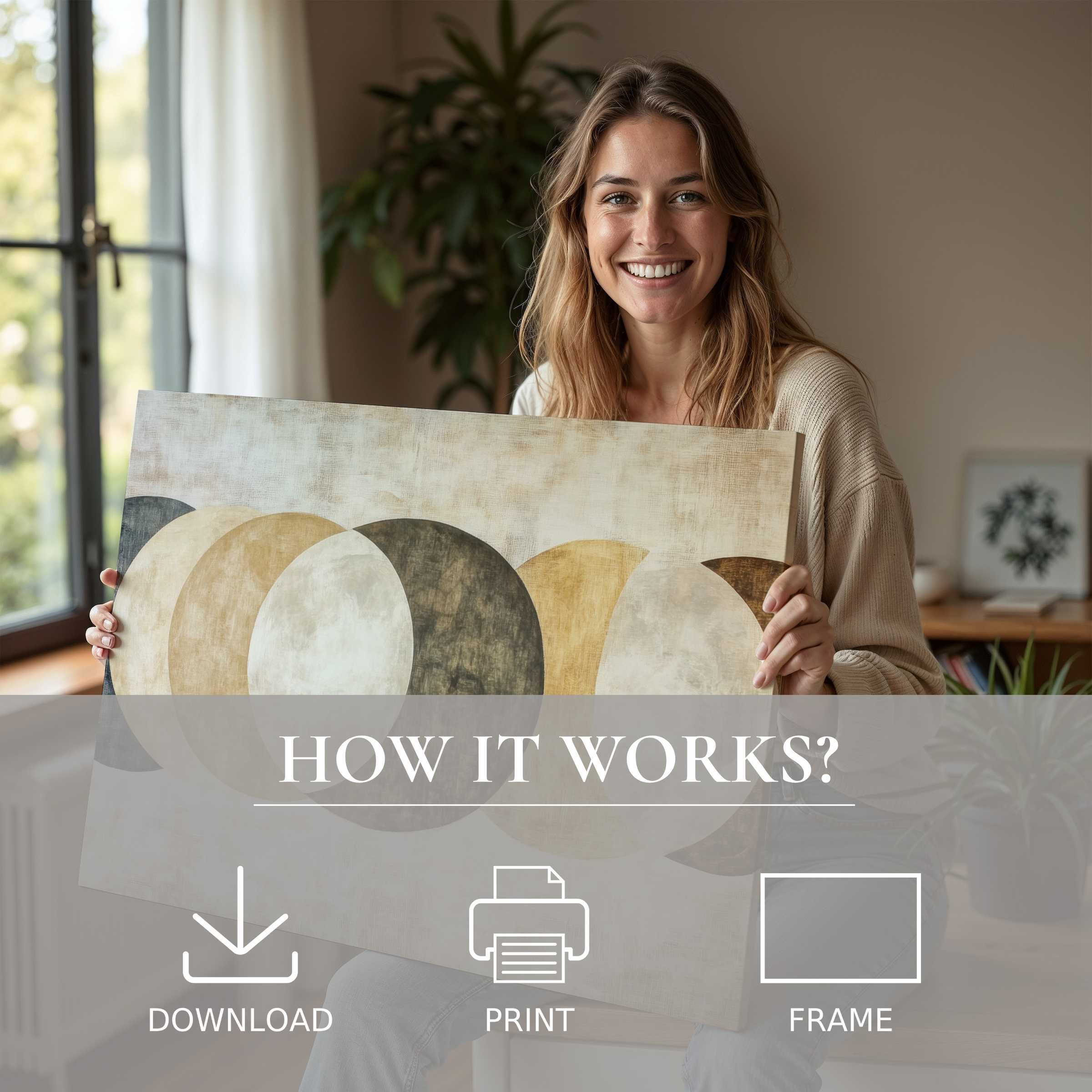 Refined woman in a sunlit modern home cherishes a neutral digital art print, embodying effortless joy and timeless elegance