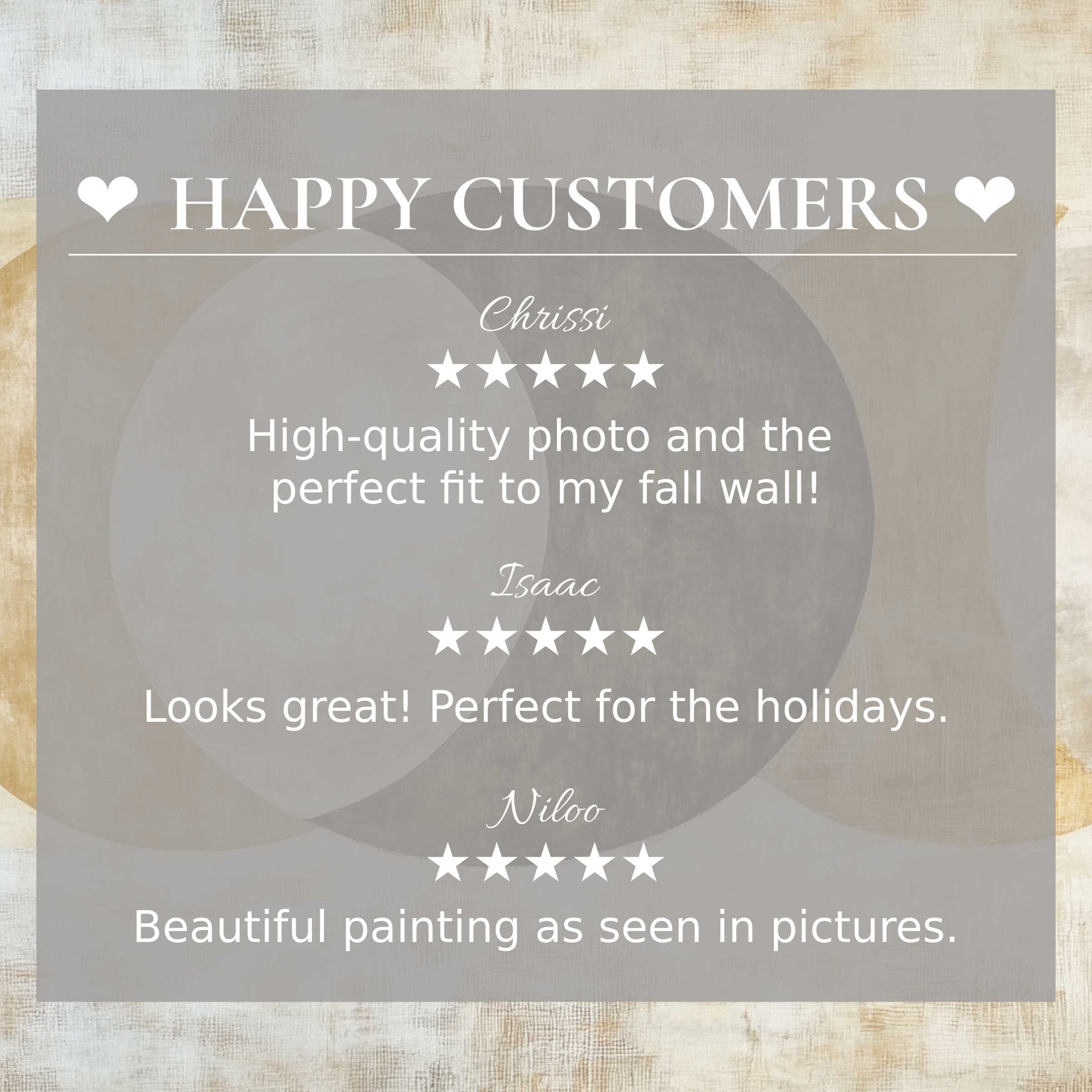 Neutral art for Frame TV with abstract earth tones; layout showcases happy customer reviews and elegant style