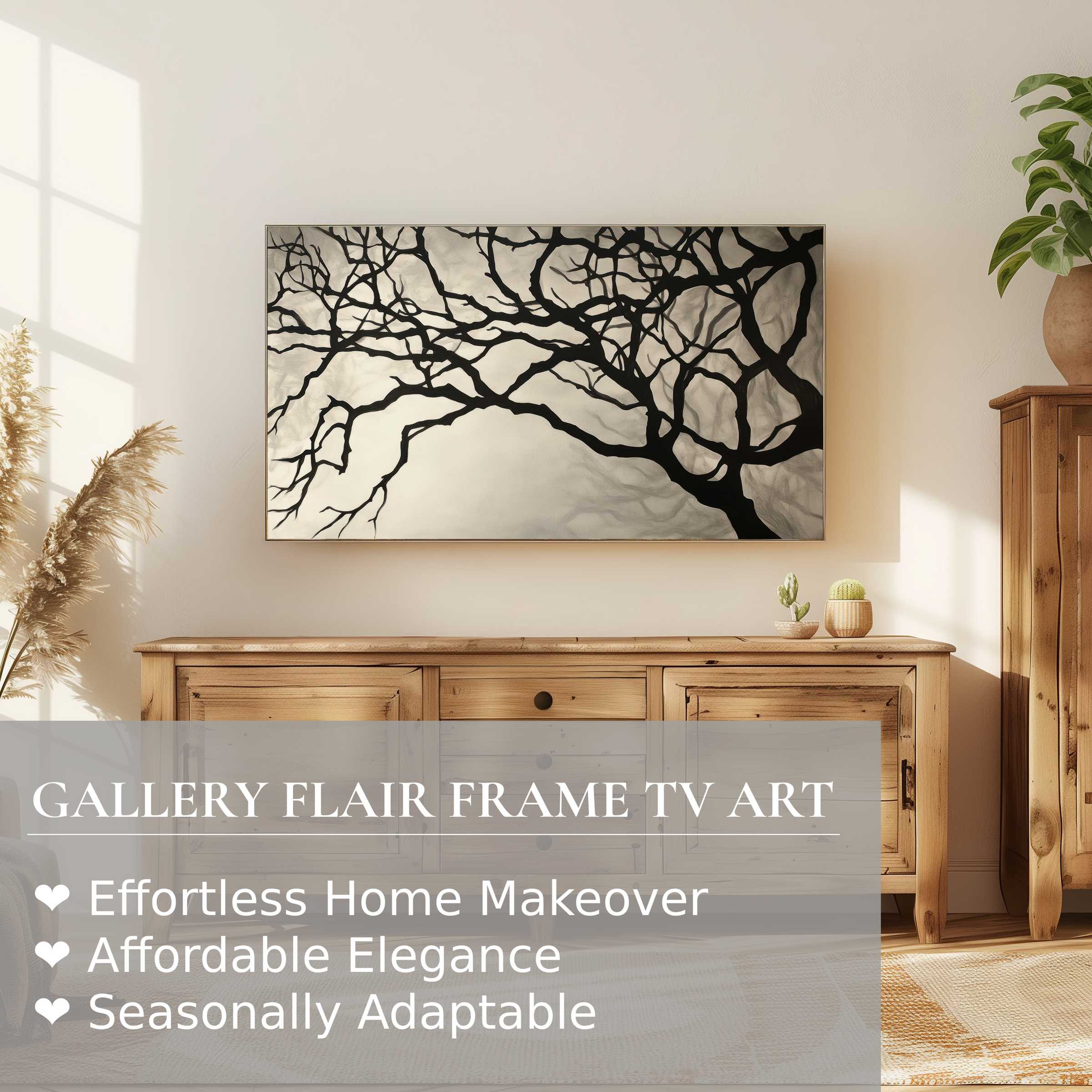 Samsung Frame TV showcases black and white digital artwork of elegant, intricate tree branches in a modern, serene setting