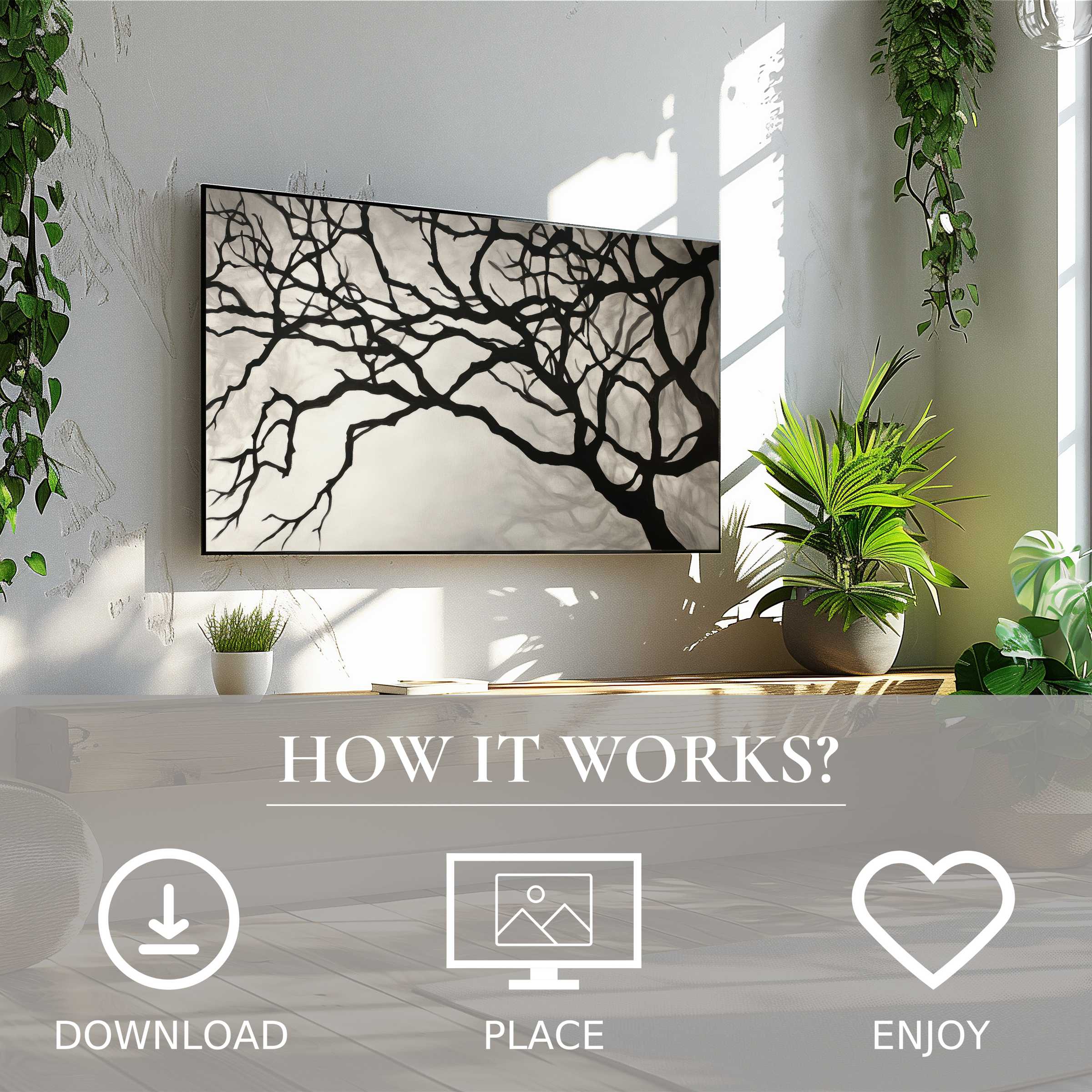 Black and white art for Samsung TV shows abstract tree branches, easy digital download enhances modern living spaces