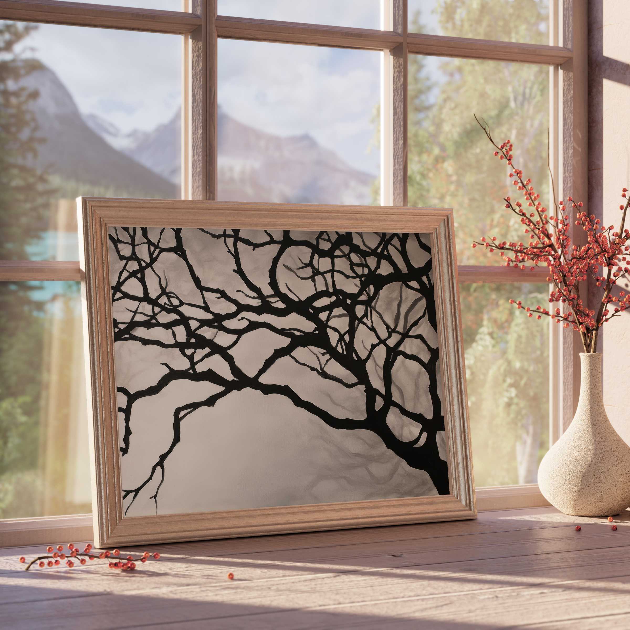 Elegant black and white downloadable art featuring intricate tree branches, perfect for serene, design-forward interiors
