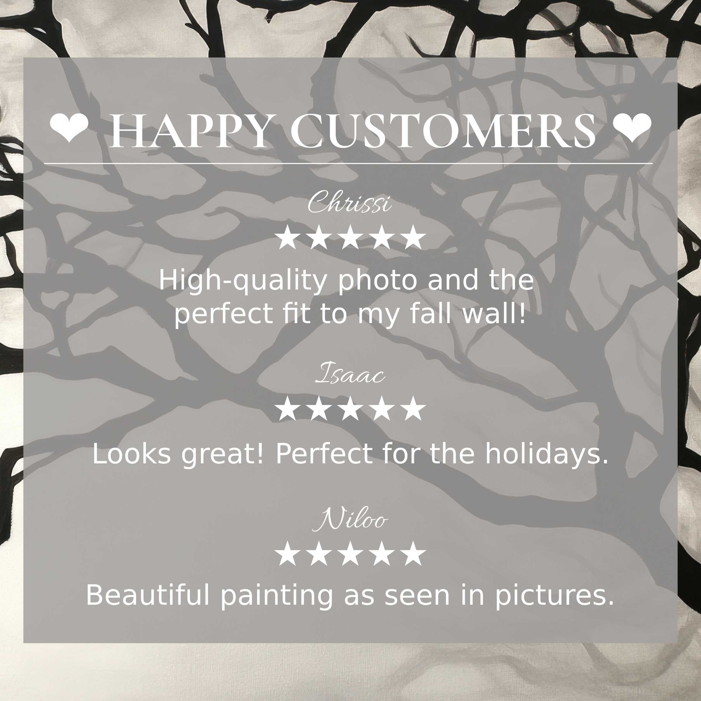 Black and white art for Frame TV with elegant tree branches; happy customer reviews build trust and style appeal