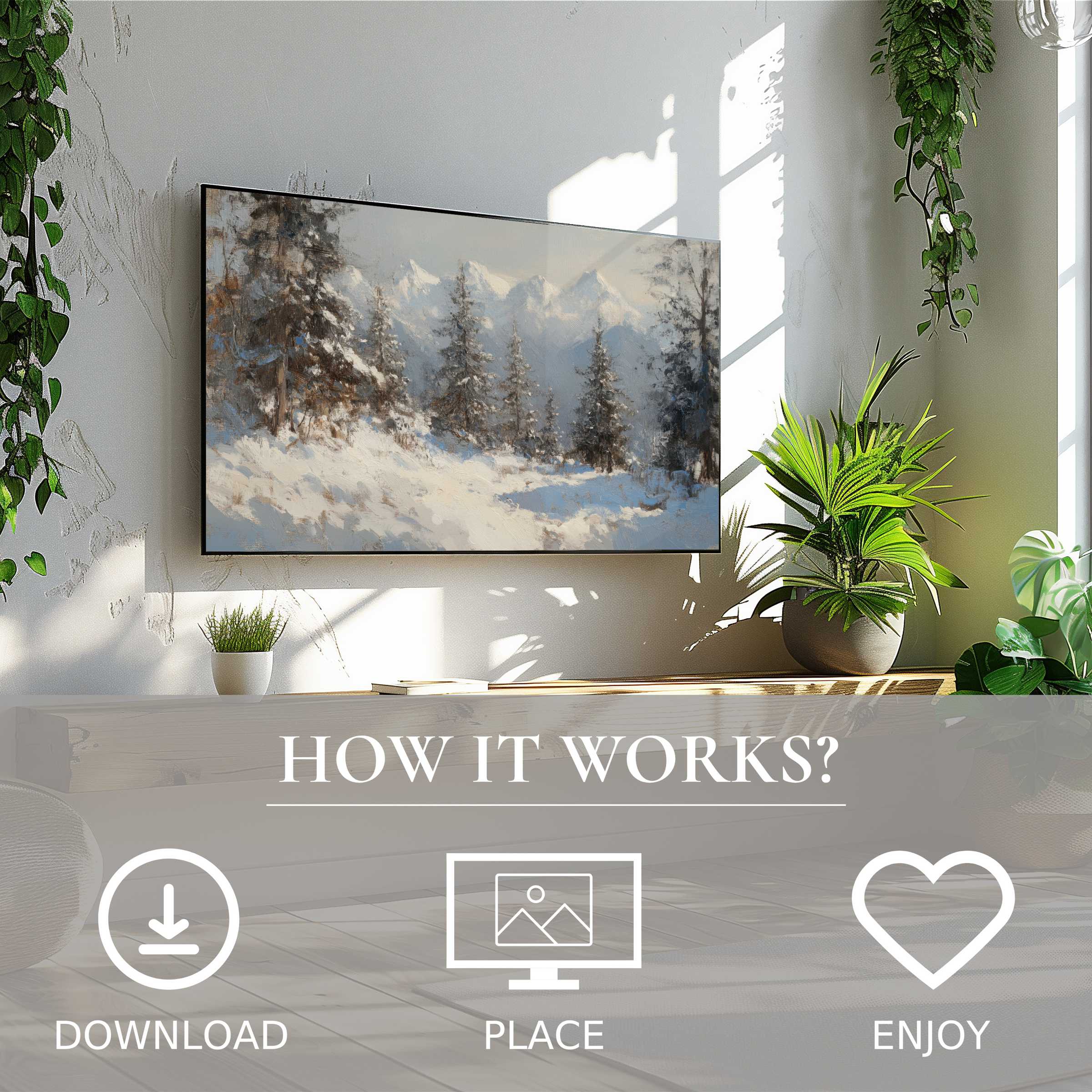 Tree art for Samsung TV shows soft snowy mountain scene; easy digital download enriches minimalist living spaces